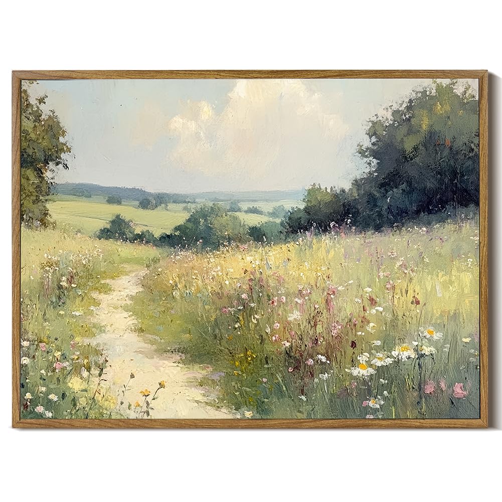 Framed Canvas Wall Art Prints Oil Painting Wildflower Aesthetic Room Decor Serene Country PathLandscape Abstract Poster Pictures Prints for Bathroom, Bedroom LivingRoom 8×10inch