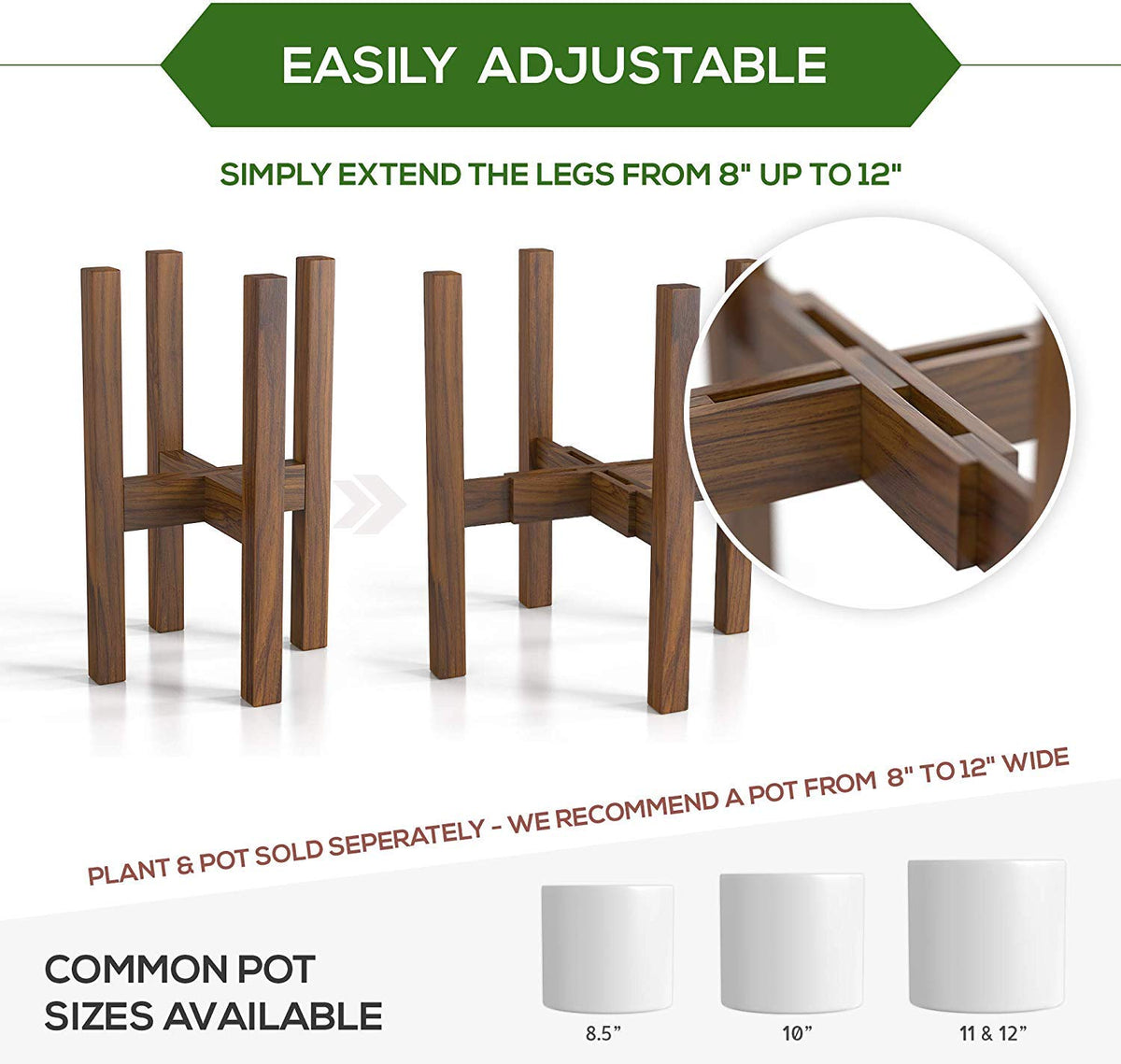Sophia Mills Mid Century Plant Stand - Solid Wood Item Stand Handmade with Acacia - Fits Medium & Large Pots Sizes 8 to 12 inches (Not Included) (Adjustable Width: 8-12 inches, Dark Brown)