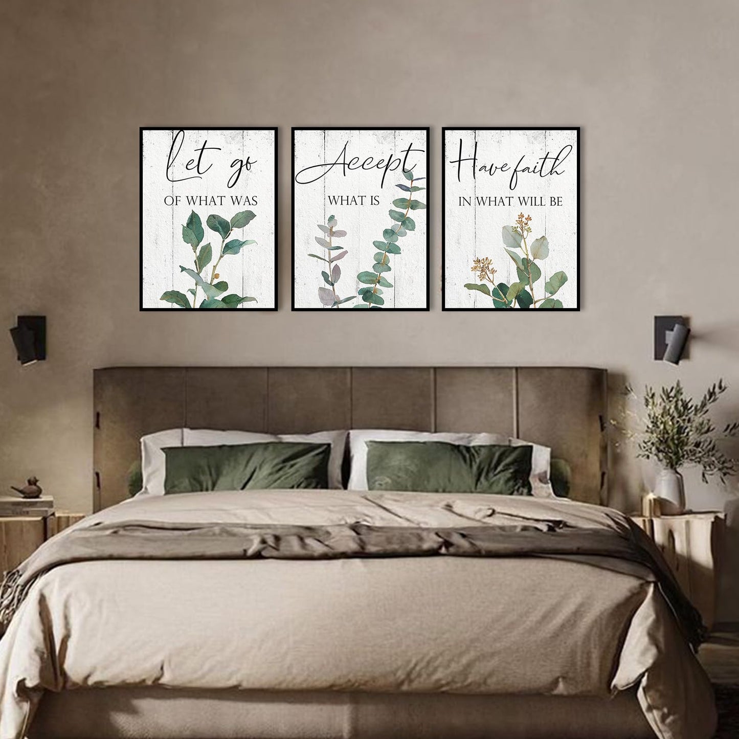 Inspirational Wall Art Office Decor: 3 Piece Motivational Quotes Wall Art 12"x16",Accept Let Go Have Faith Wall Decor for Office,Eucalyptus Pictures Framed Hanging Inspirational Posters for Bedroom