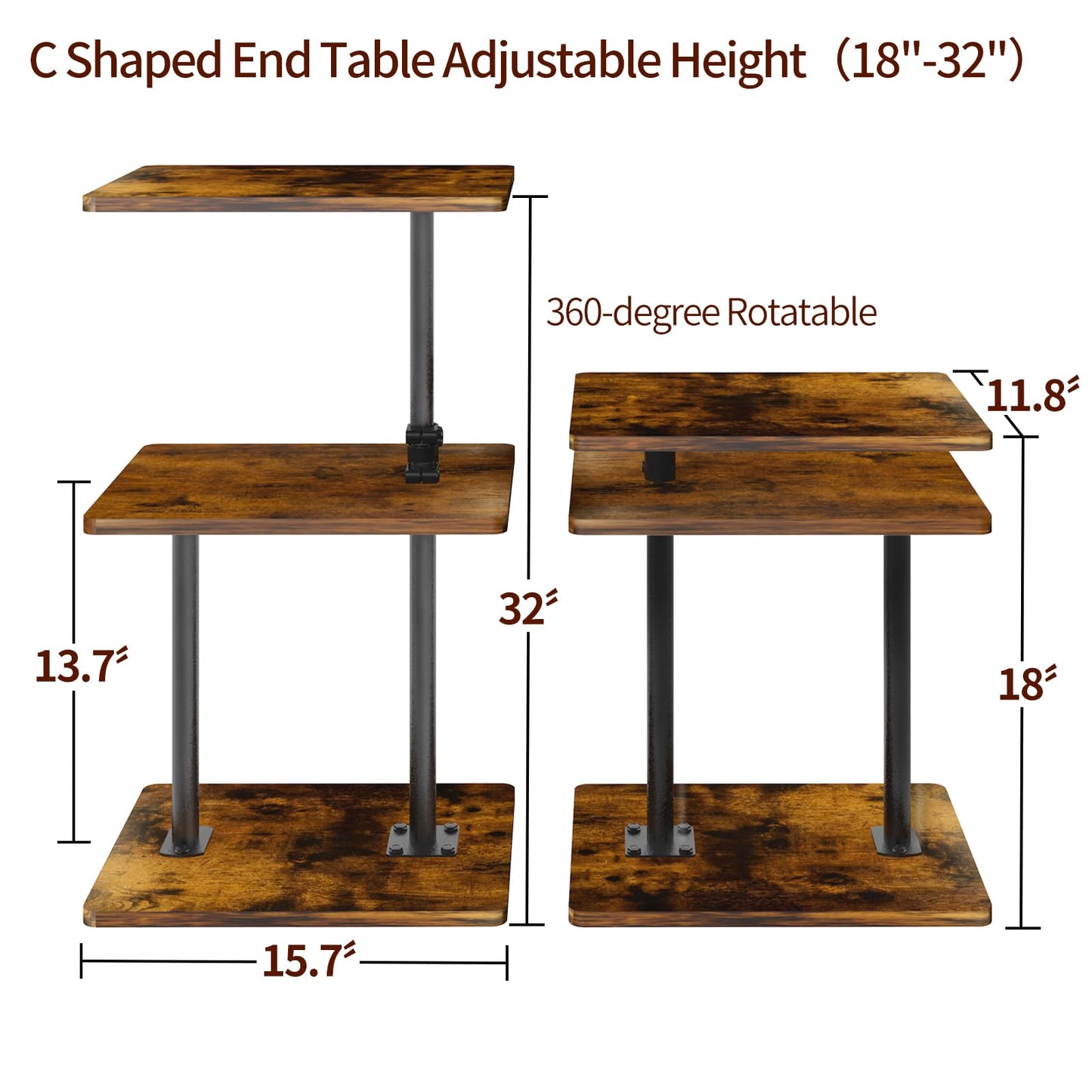 LAIDUOLEOE Swivel Side Table for Couch, 3 Tier Small End Table Adjustable Height with Rotatable Tray, Space Saving Nightstand with Storage Shelf for Living Room, Bedroom, Small Spaces