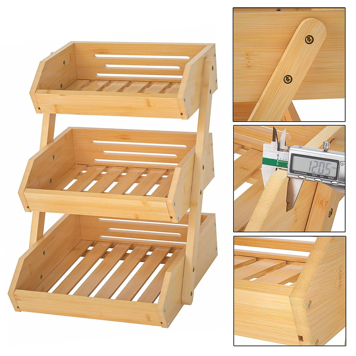 Merysen Large 3 Tier Bamboo Fruit Basket Stand for Kitchen Countertop – Fruit Holder – Suitable for Bread, Vegetables, Produce, Home Storage and Display