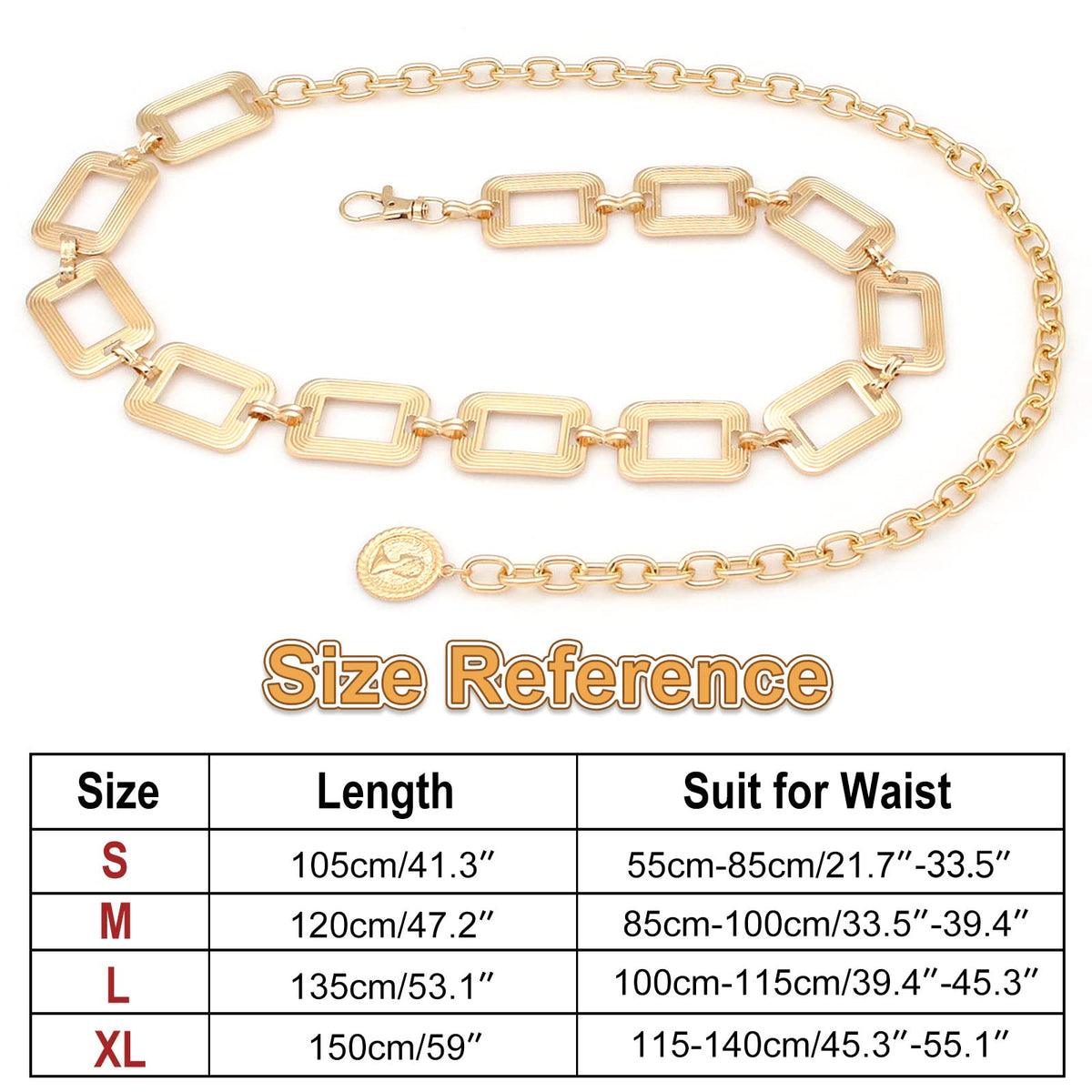 HIQUACC Metal Square Waist Chain for Women Square Body Link Belt for Dresses (219-Gold S)
