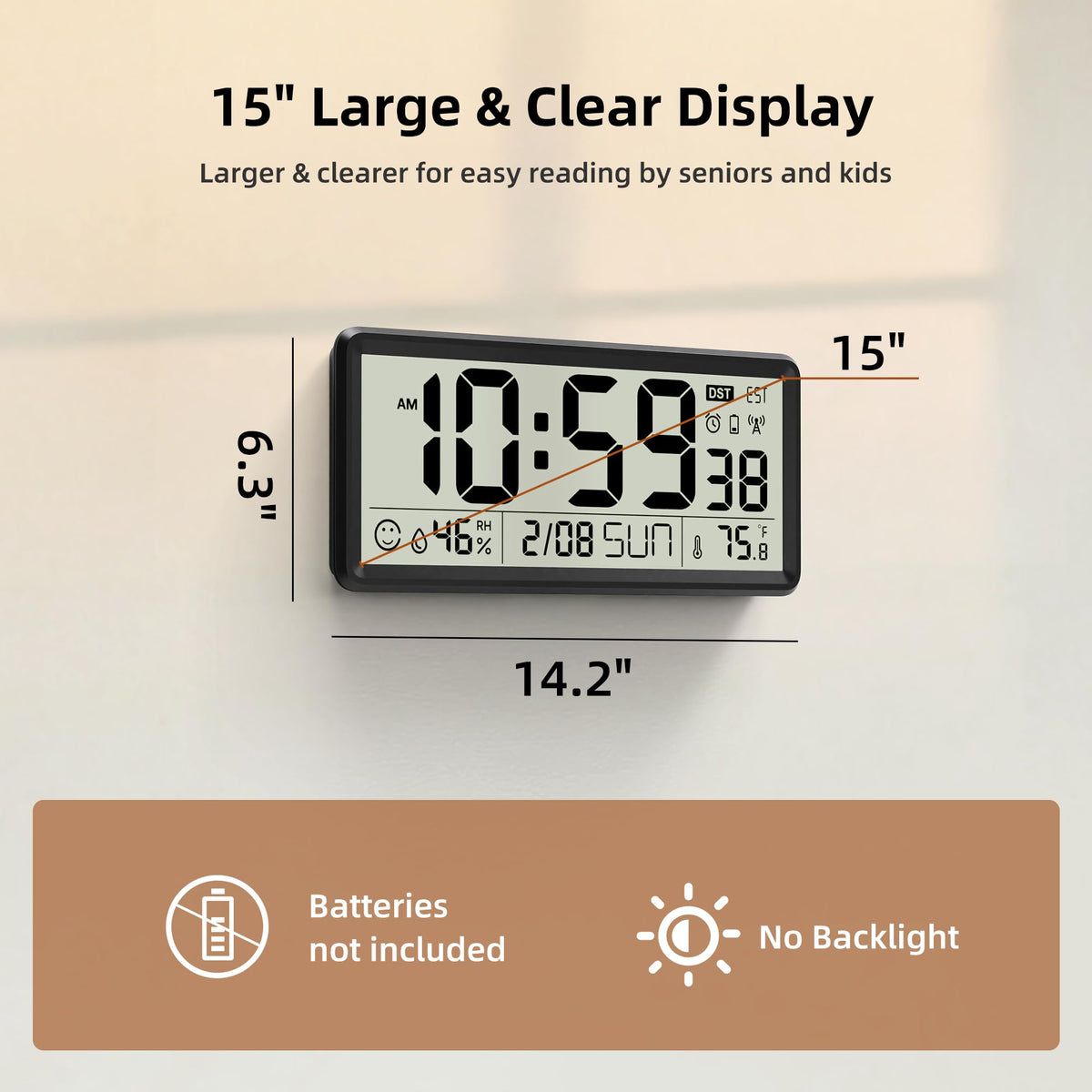 EASYERA 15'' Large Digital Wall Clock Battery Operated, Atomic Clock with Indoor Temperature and Humidity, Self-Setting with Auto DST, for Kitchen, Classroom, Living Room (Batteries Not Included)