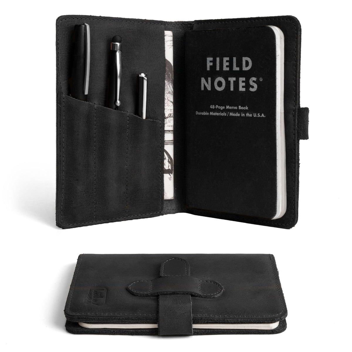 Leather Worx, Rustic Cover for Field Notes (3.5 x 5.5 in. Notebook not Included) with Pen Slots, Protective Storage for Journal, Full Grain Leather, Handmade (Charcoal Black)