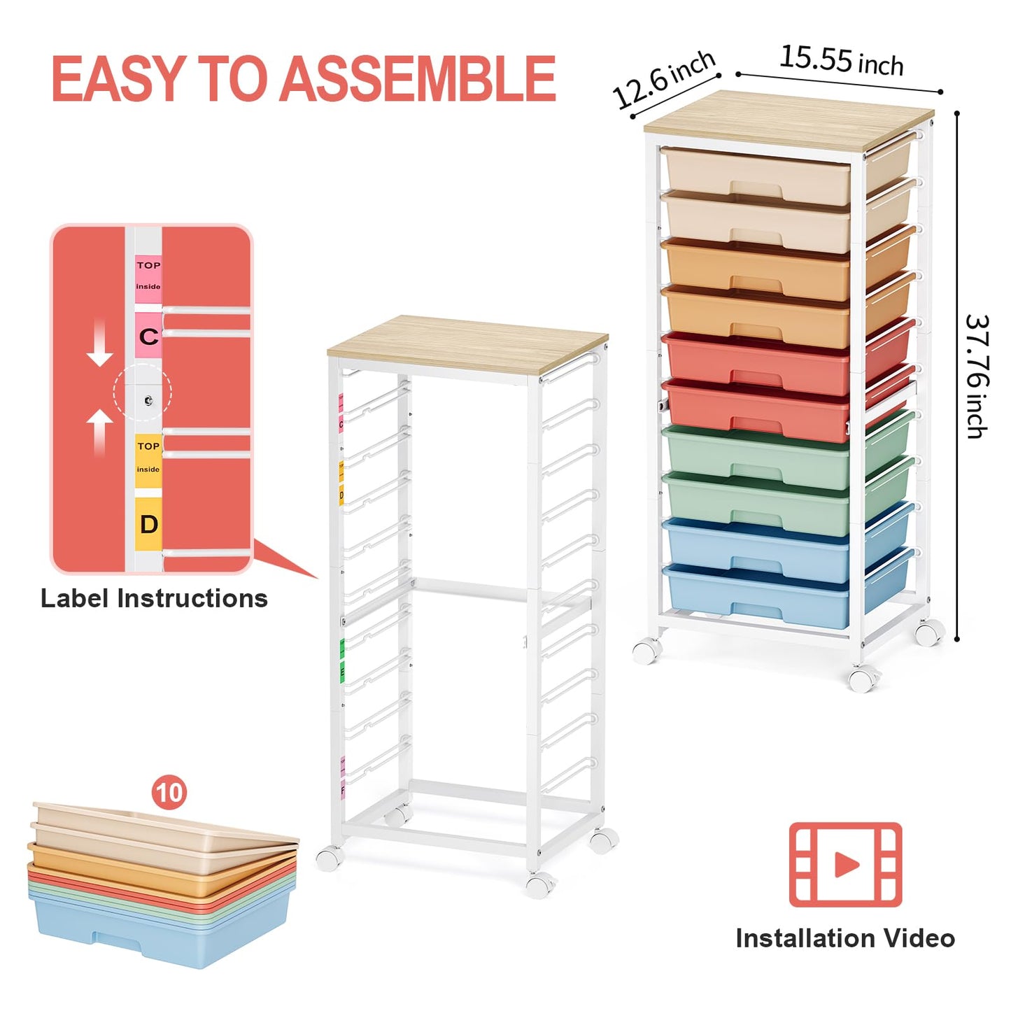 SYKIARIOL Rolling Cart with Drawers,10 Drawer Rolling Cart,Storage Cart with Wheels,Utility Cart with Drawers,Teacher Cart for Classroom Storage,Craft Cart with Wheels and Wooden Tabletop,Rainbow
