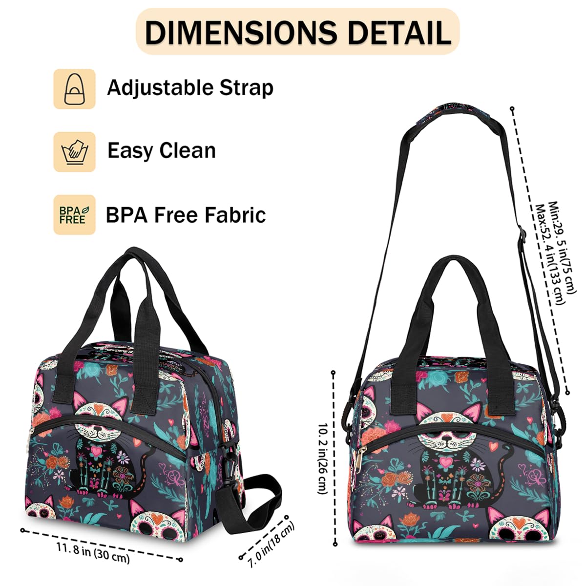 UOYO Lunch Bag Sugar Skull Flower Cat Lunchbox Organizer Insulated Waterproof Men Women Tote Cooler Handbag Adjustable Shoulder Strap for kids Girls Boys School Office Picnic