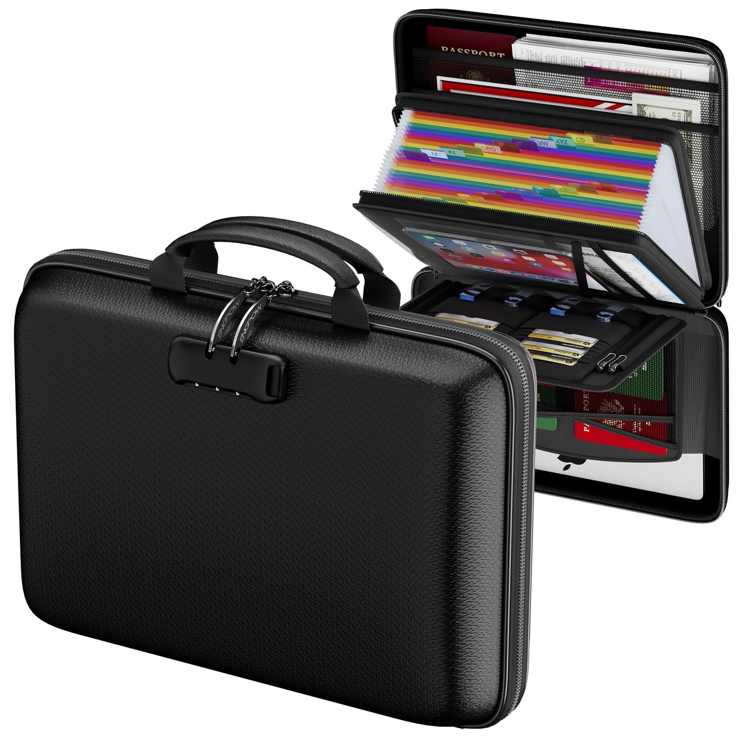 ENGPOW Fireproof Document Box with Lock, Hard Case Fire & Water Resistant File Organizer with 25-Pocket Accordion File Folder, Portable Home Office Safe Storage for Important Documents Laptop Black