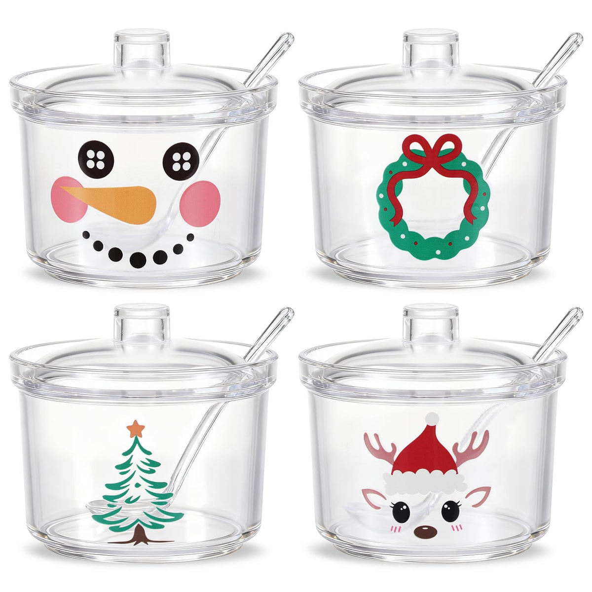Foxtell 4 Pcs Christmas Clear Acrylic 450ml Sugar Bowls with Lid and Spoon Ice Cream Sundae Storage Container Kitchen Canister Condiment Bottle for Xmas Party Serving & Decor