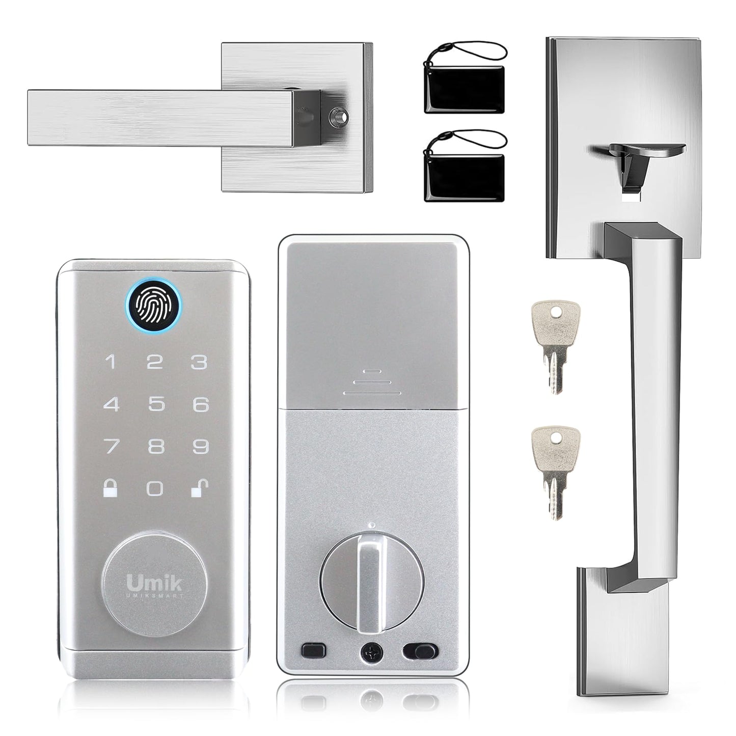 UMIKSMART Smart Door Lock with Handle 7 in 1 Keyless Entry Fingerprint Door Lock with Keypad IC Card Physical Key Tuya App Bluetooth Auto-Lock IP65 Waterproof for US Wooden Doors Matte Silver