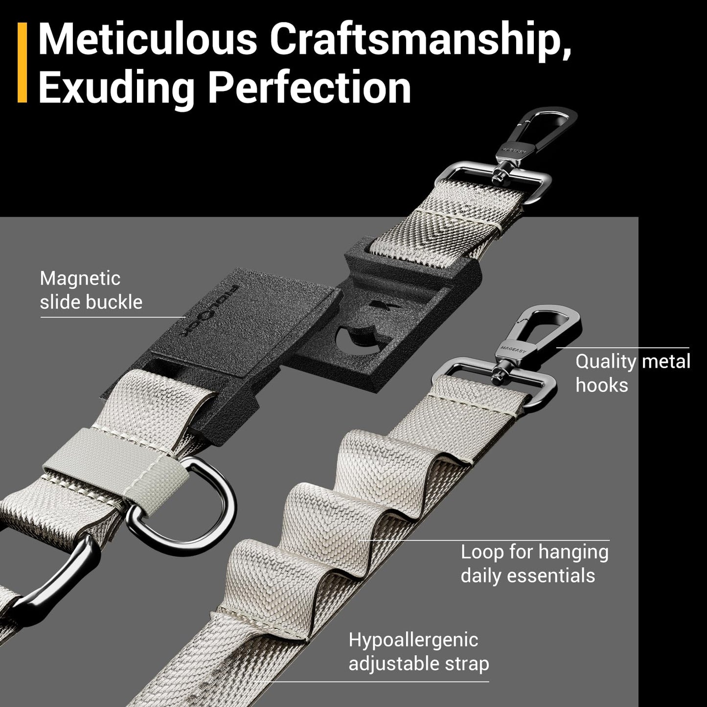 MAGEASY Utility Phone Lanyard Crossbody Strap with Quick-Lock Buckle + 360° Rotatable Hook + Attachment Loops for Keys, Hands-Free iPhone Holder for Travel Hiking Concerts (Starlight)