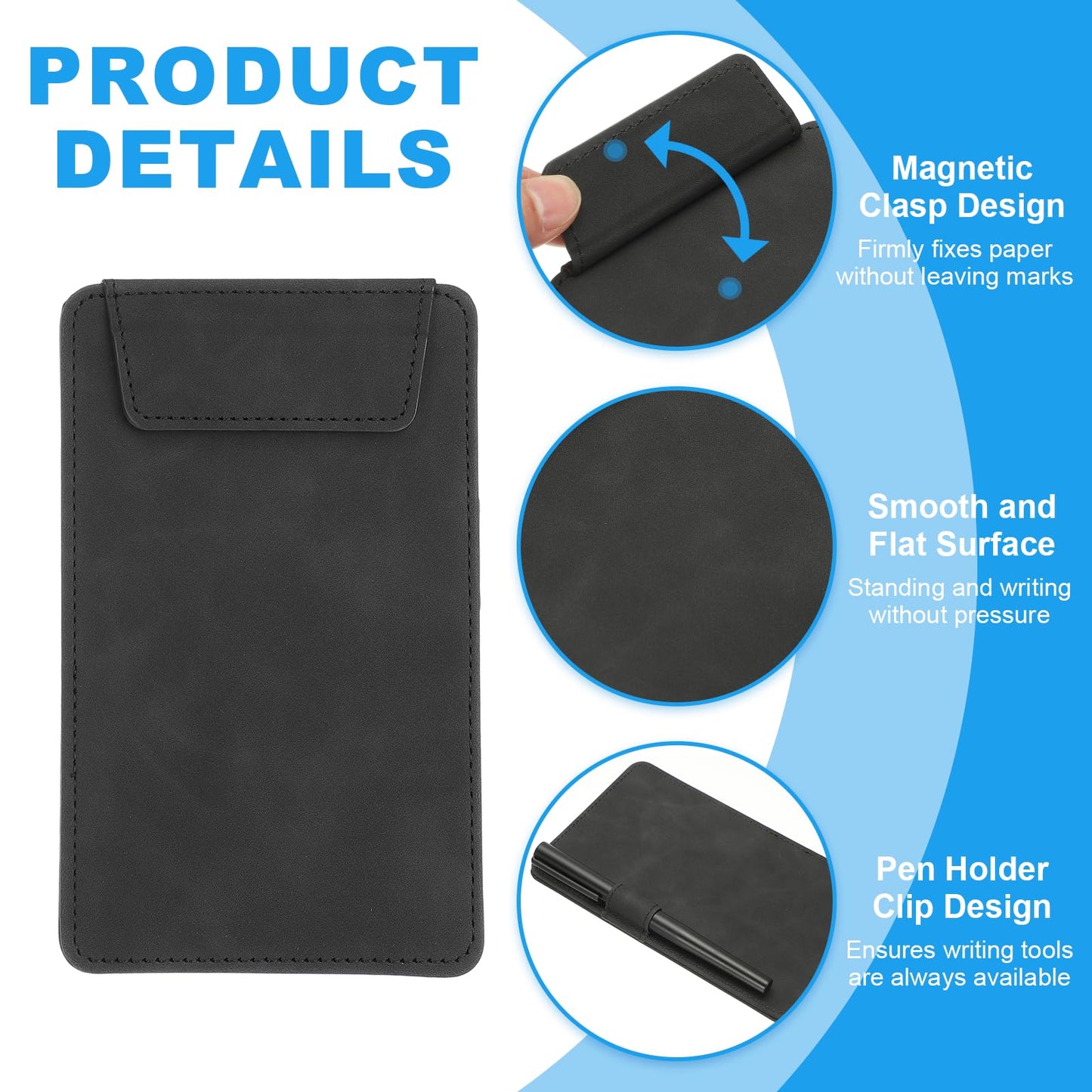 uxcell 2 Pack Mini Clipboard, 6" x 4" Leather Small Clipboard with Pen Holder, A7 Size Magnetic Writing Clip Boards for Business, Office,Restaurant and Hotel (Black)