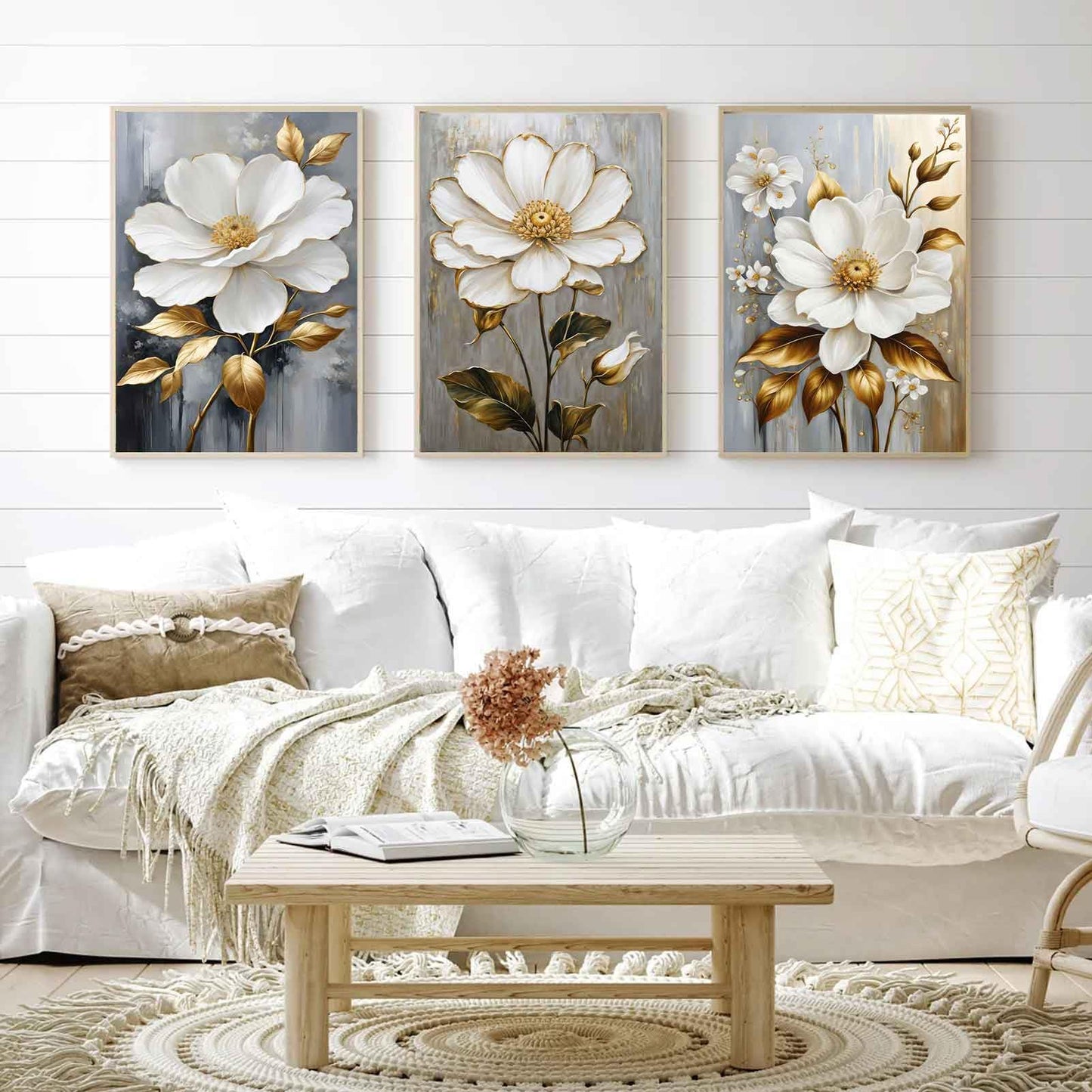 3Pcs White Flower Gold Leaf Canvas Wall Art Modern Plants Flowers Painting Decor Pictures Neutral Floral Bloom Posters Prints for Office Living Room Bathroom Bedroom Decoration No Frames