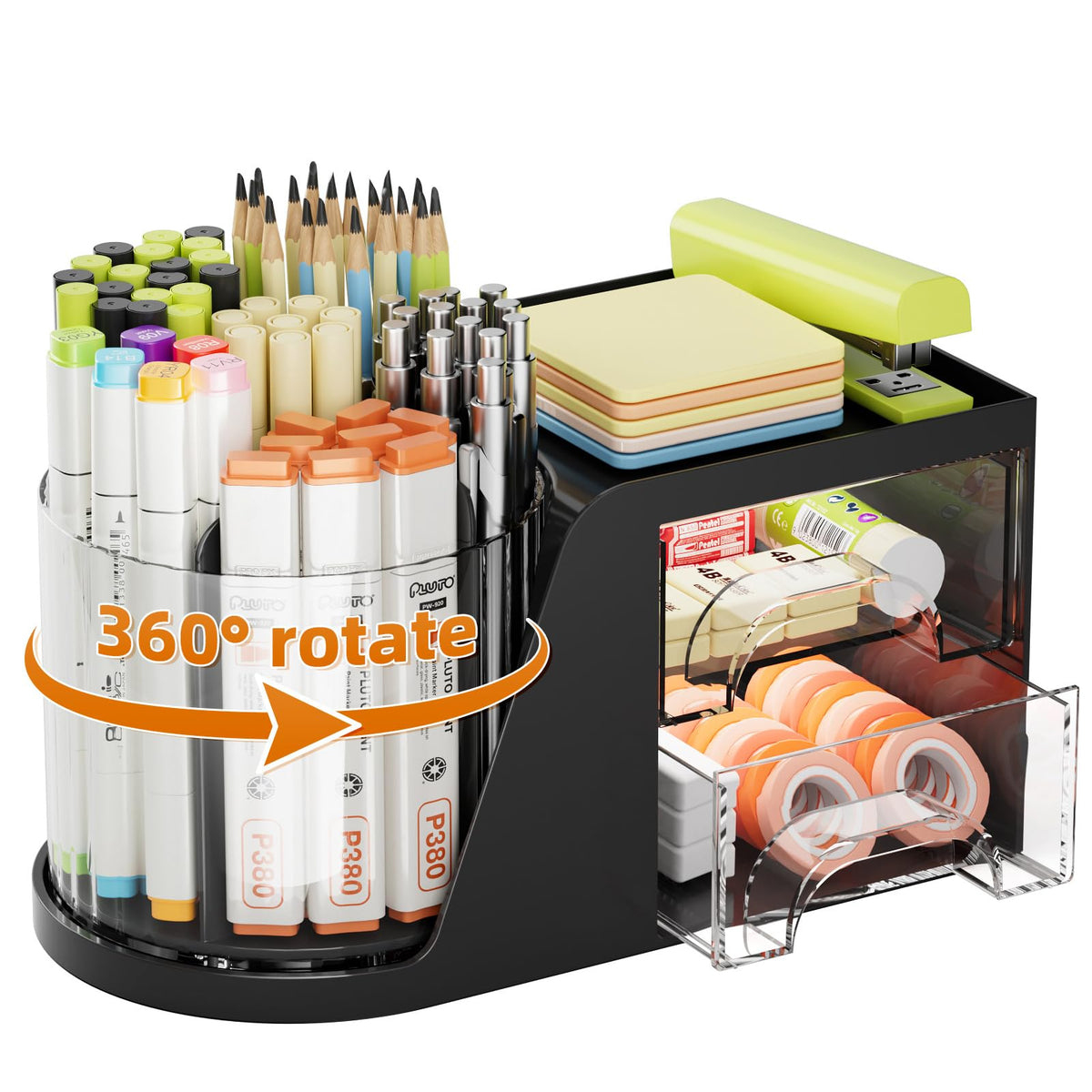 Marbrasse Desk Organizer with 2 Drawer, 360°Rotating Pen Holder, Desk Organizers and Accessories with 6 Slots Pencil Holder + 2 Drawer, Art Supply Storage Box Caddy for Office (Black)