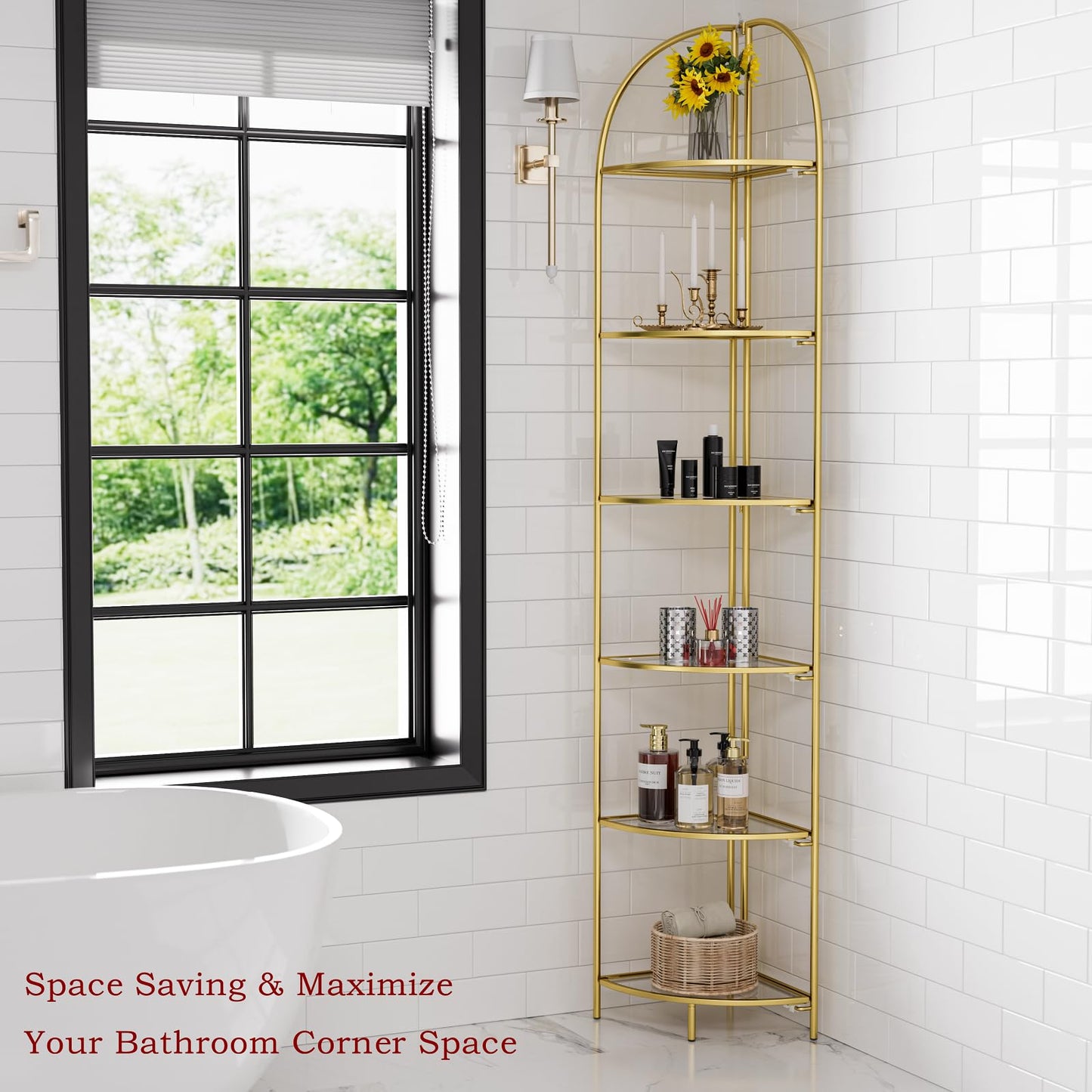 Crofy Foldable 6 Tier Corner Shelf, Metal Corner Plant Stand with Gold Frame and Transparent Shelves, Corner Display Rack Multipurpose Shelving Unit for Living Room, Bedroom, Bathroom
