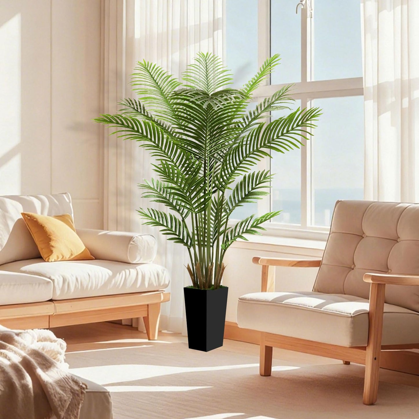 6FT Tall Fake Tree Artificial Palm Plant with Black Planter – Faux Indoor Plants Tree Decor for Home Office Living Room Corner
