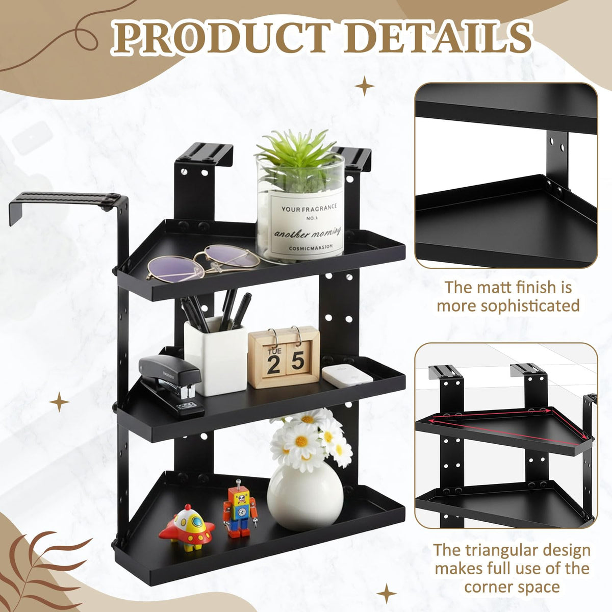 BrightRow 3 Tier Large Cubicle Corner Shelf, Office Cubicle Storage Organizer Accessories, Adjustable Corner Shelf with Hooks