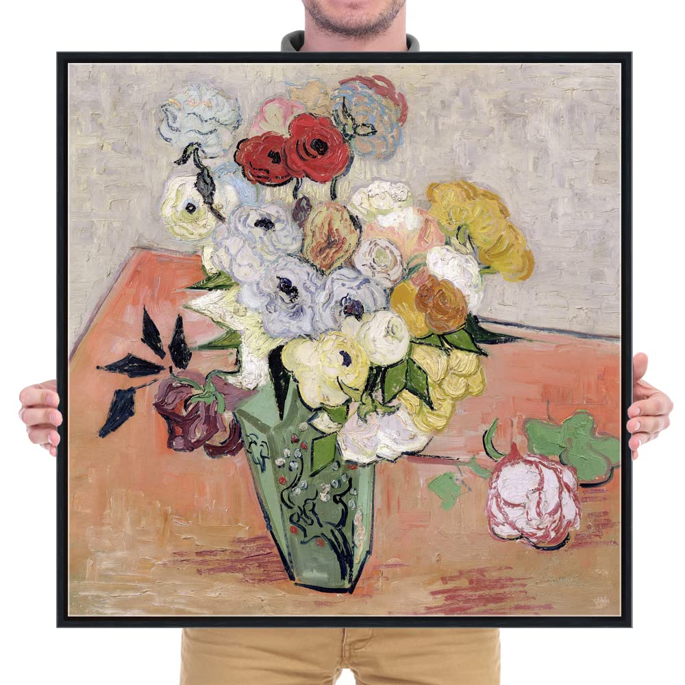 Wieco Art Framed Wall Art Japanese Vase with Roses and Anemones by Vincent Van Gogh Oil Paintings Reproduction Artwork Flowers on Canvas Wall Art for Home and office Decorations