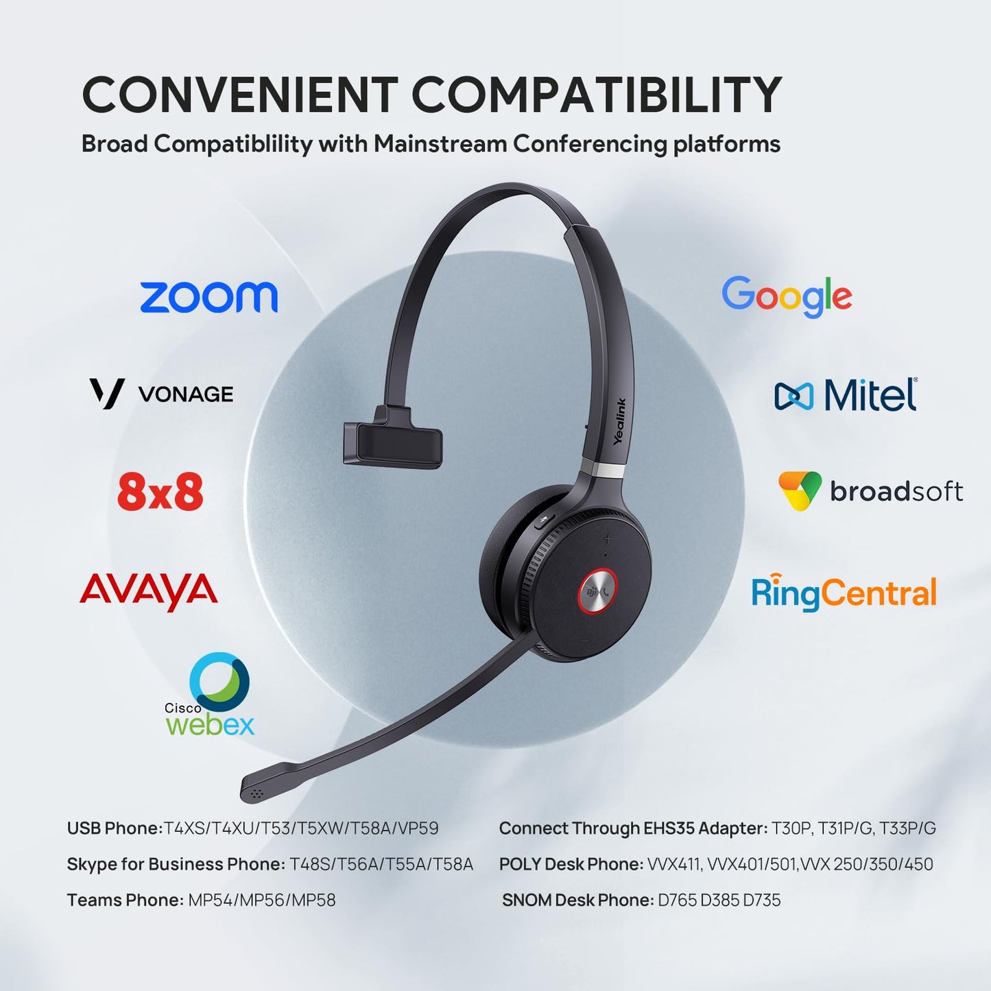 Yealink WH62 DECT Mono Teams Wireless Headset, 525 ft Range Work Headphone with 2X Noise Canceling Mic for IP Phone and Computer, Single Ear Headset with Call Control, Ringer,13H Talk Time