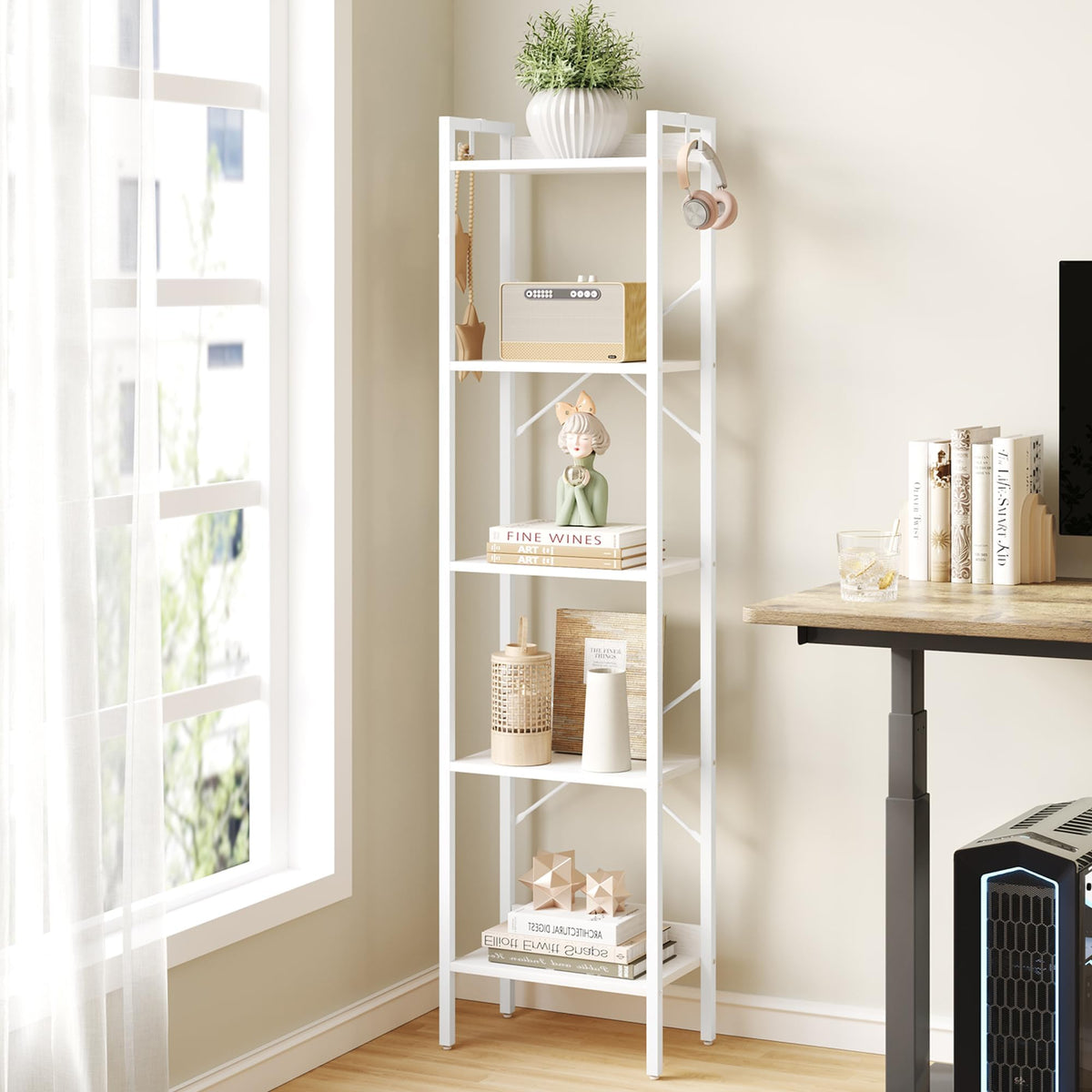 Hzuaneri Bookshelf, Book Shelf, Industrial Bookcase with 2 Hooks, Coner Shelf Storage Organizer for Home Office, Living Room, Bedroom, Kitchen, 5-Tier White BC10513W