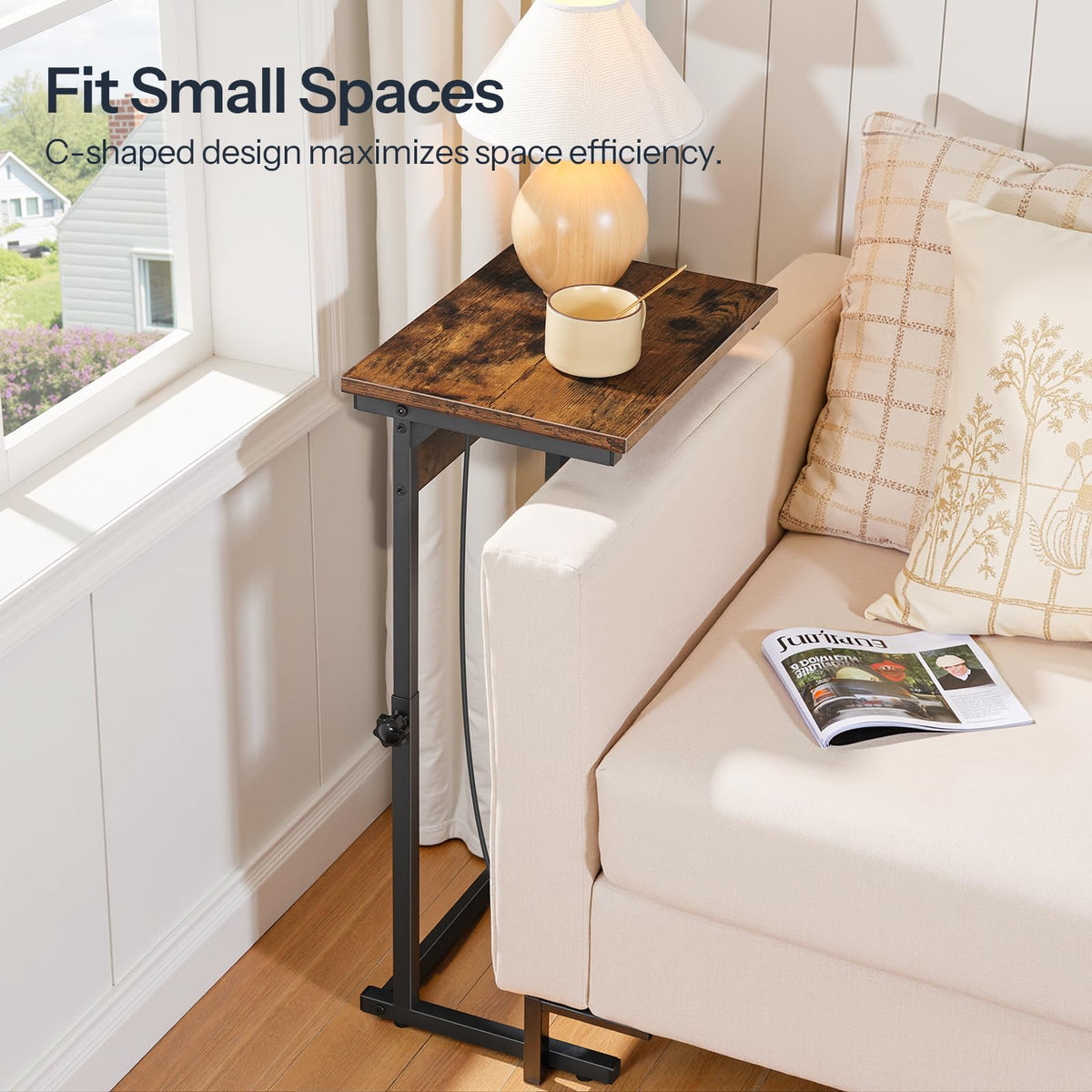 HOOBRO C-Shaped End Table with Charging Station, Adjustable Height Sofa Tray Side Table, Slide Under Couch Arm Table, Small C Side Table for Small Space in Living Room, Bedroom, Rustic Brown BF71USF01