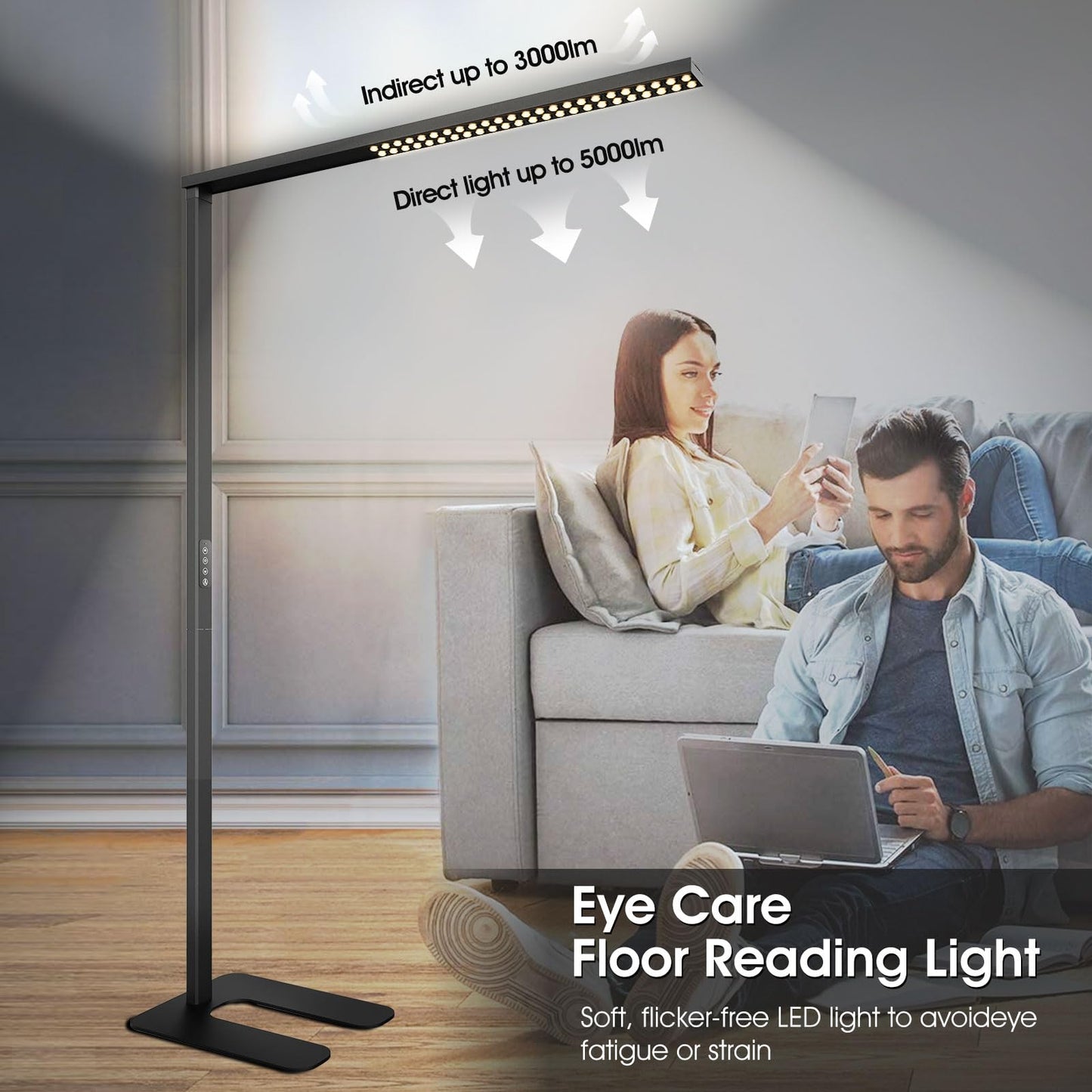 ZUIKAIG 77"LED Floor Lamp,80W Black Modern Free-Standing Lamp,8000LM Dimmable High brightness office Lamp for Reading Study Room，Living Room，Bedroom Room,Piano Room,Meeting Room 4000K Natural Daylight