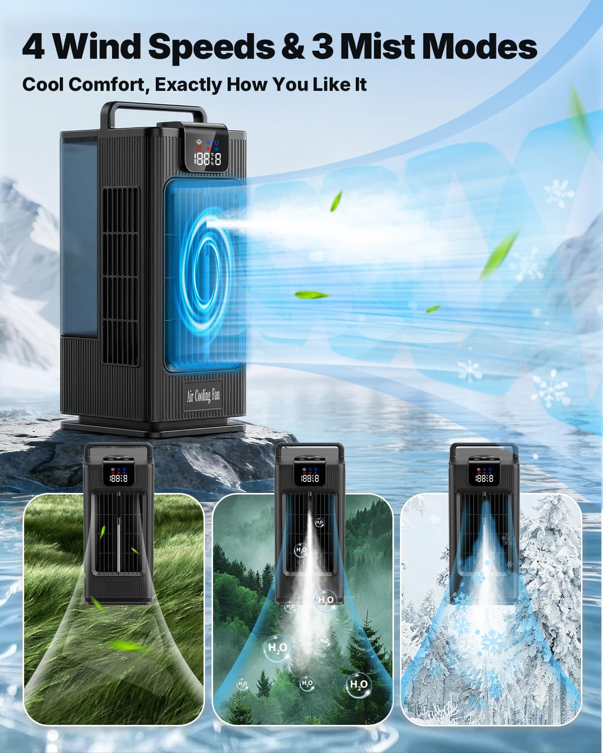 Mini Portable Air Conditioner Cooler: 2000ml Air Cooling Fan with 120°Oscillating - 3 Mist Modes & 4 Speeds, RGB Night Light, 1-8H Timer Remote Control - Portable Small AC for Bedroom, Room, Desk