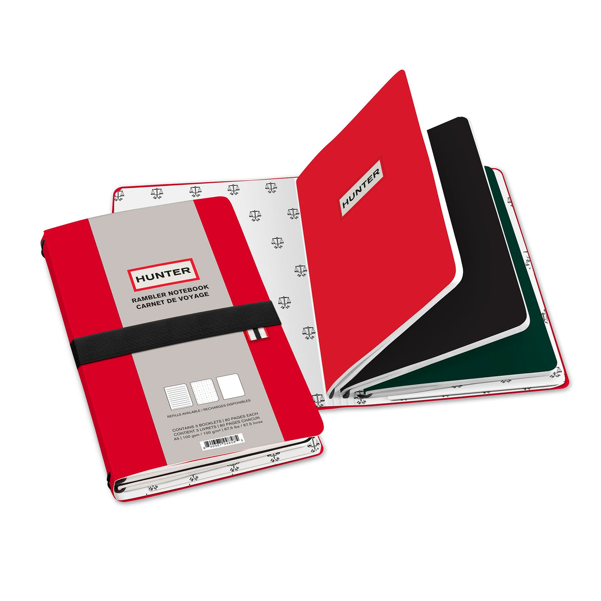 Hunter - Rambler Refillable Notebook, 8.6” X 6” Book with 3 A5 Booklets, 80 Pages Each of Lined Paper, Dot Grid, & Blank Pages for Drawing or Journaling, Elastic Band & Inside Pocket, Hunter Red