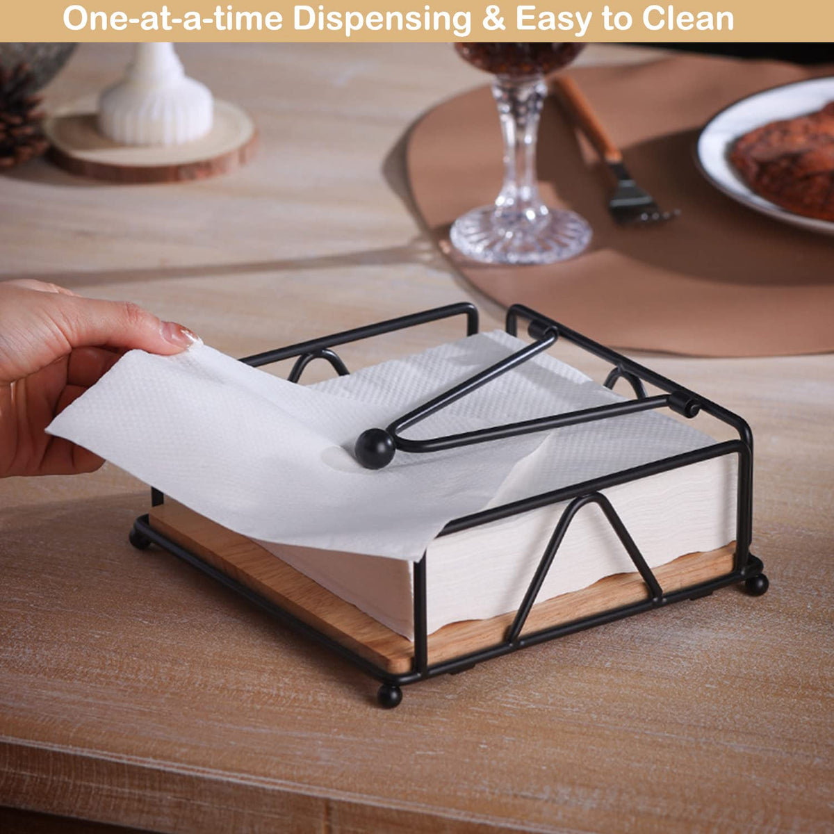 Aeibun Metal Napkin Holder for Table with Weight Arm - Flat Paper Napkins Holders for Kitchen Table with Wooden Base, Farmhouse Tissue Holder Dispenser for Cocktail, Bathroom, Party, Room Decor