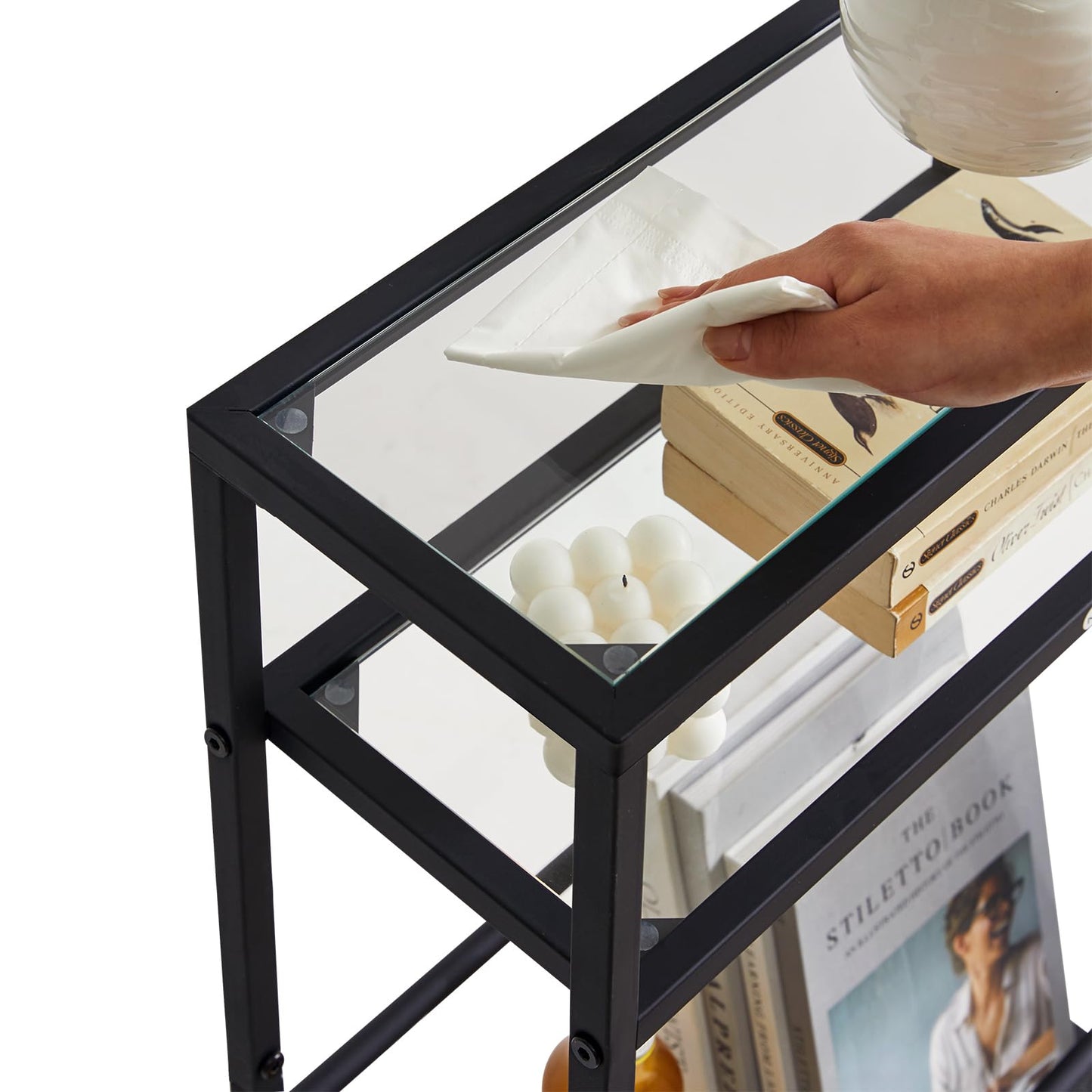 IBUYKE Narrow Side Table with Storage Shelf, 3 Tier Slim End Table,Modern Sofa Table, Small Nightstand, Telephone Table for Small Spaces,for Living Room, Bedroom, Black UTMZ002B