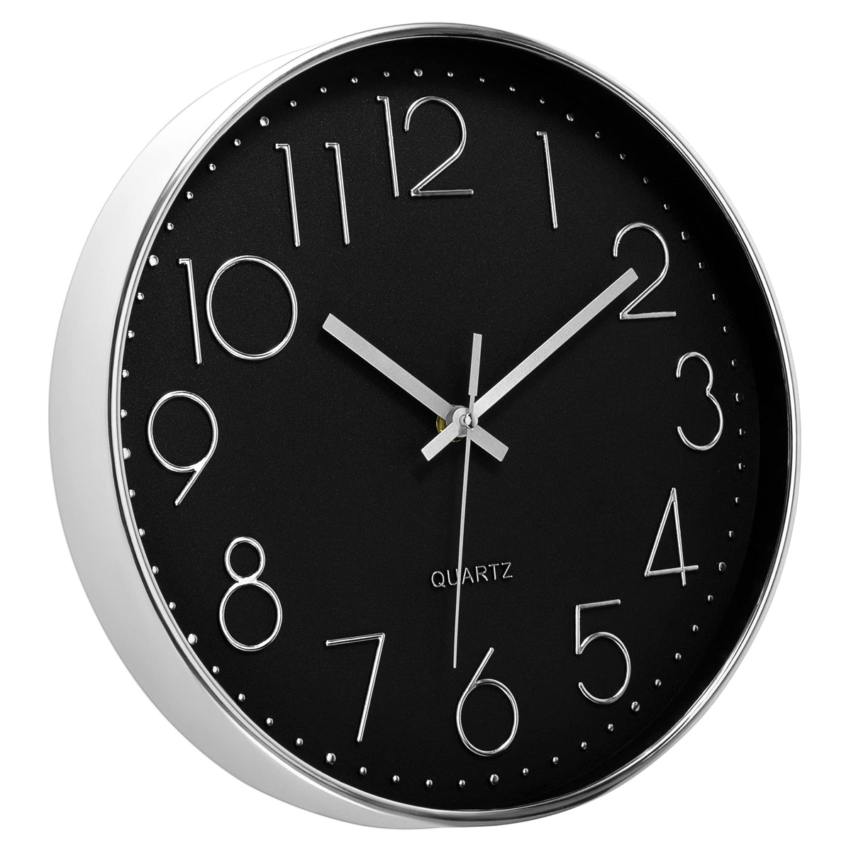Foxtop Silver Wall Clock Silent Non-Ticking Battery Operated Round Modern Wall Clock for Office School Home Living Room Bedroom Bathroom Kitchen Decor (12 Inch, Black Dial)
