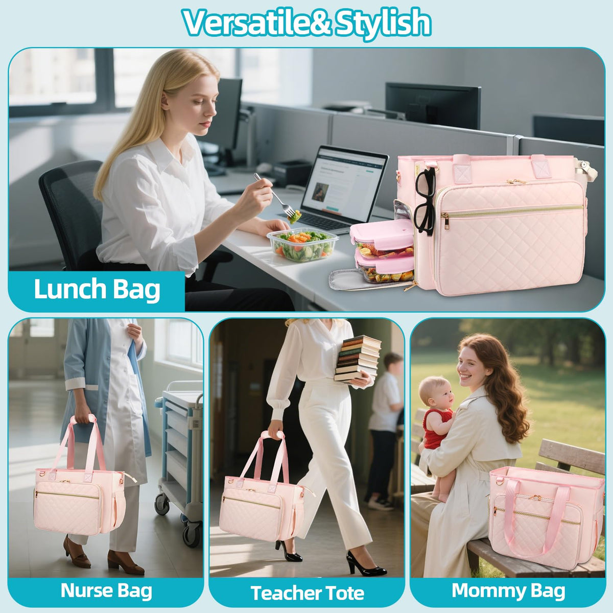 ahzske Lunch Work Tote Bag for Women with Accordion File Organizer Pocket, 3 in 1 Daily Tote Bag with Insulated Lunch Compartment& 15.6 Inch Laptop Compartment for Business Teacher Nurse (Pink)