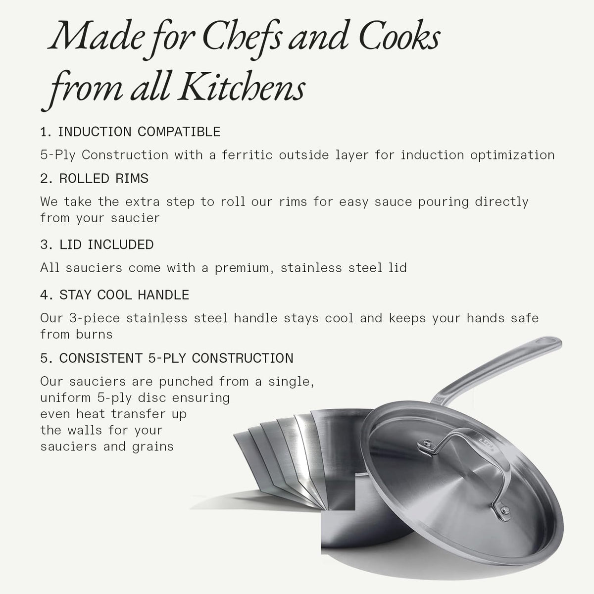 Made In Cookware - 3 Quart Stainless Steel Saucier Pan - 5 Ply Stainless Clad - Professional Cookware - Crafted in Italy - Induction Compatible