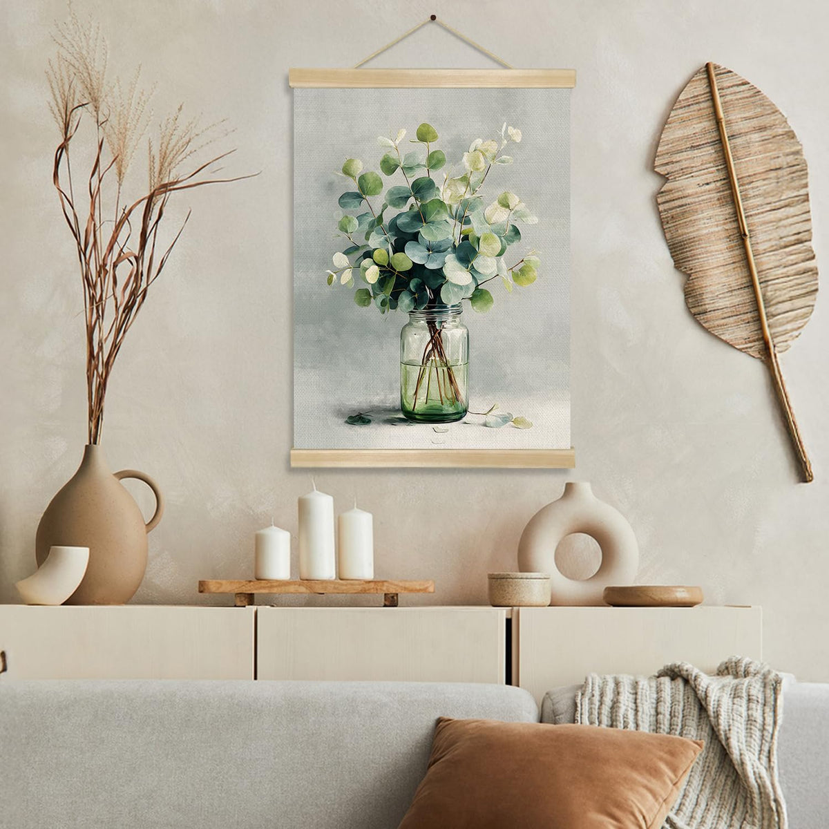 You found a duck Eucalyptus Wall Art, Minimalist Green Botanical Poster on Linen with Glass Jar, Modern Farmhouse or Scandinavian Style Decor for Living Room or Bedroom, 18.5x14 Inch (Green- Leaves)