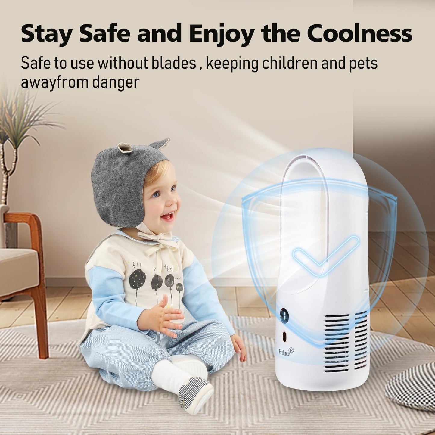 Hiluce Desk Fan Bladeless,6 Speeds 11.8 Inch Portable Office Fan, Battery USB Fans,Easy to Clean, Small Quiet Table Fan for Personal Bedroom Home Office Desktop, White