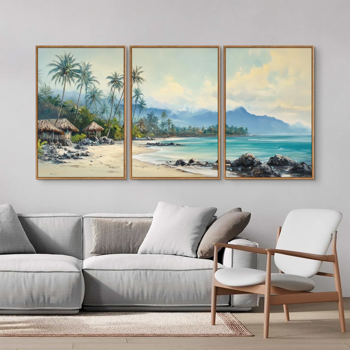 Rantodecor Tropical Coastal Framed Canvas Wall Art, Beach Landscape Posters Wall Decor, Island Palm Trees Beach House Art Paintings, Seascape Mountains Artwork for Bedroom Living Room Office 16"x24"x3
