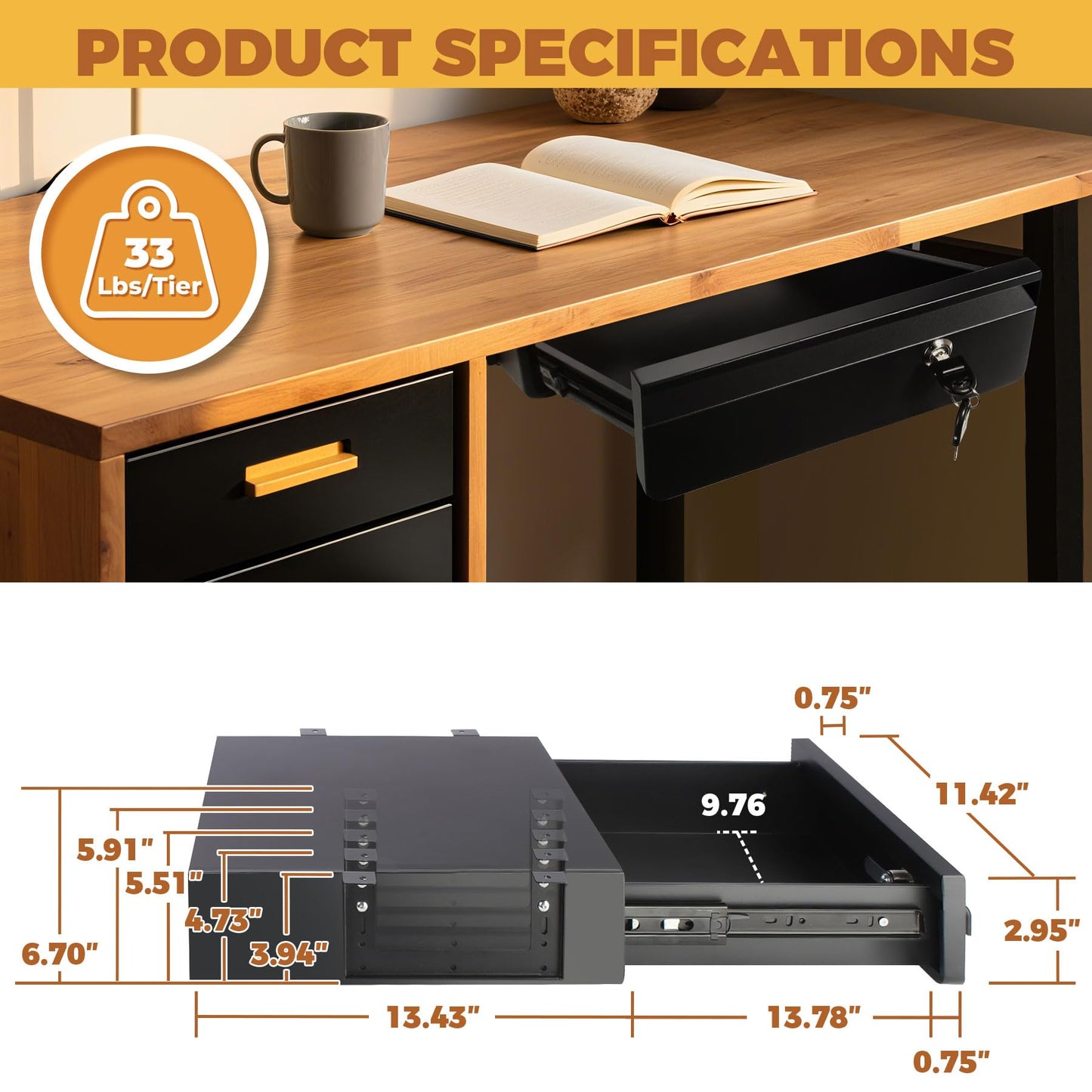 POPMOON 14 in Deep Under Desk Drawer,Pull Out Storage Organizer with Lock and Keys,Adjustable Height, Metal Storage Drawer with Slide Extension Mounted Under Flat Wooden Table or Workbench