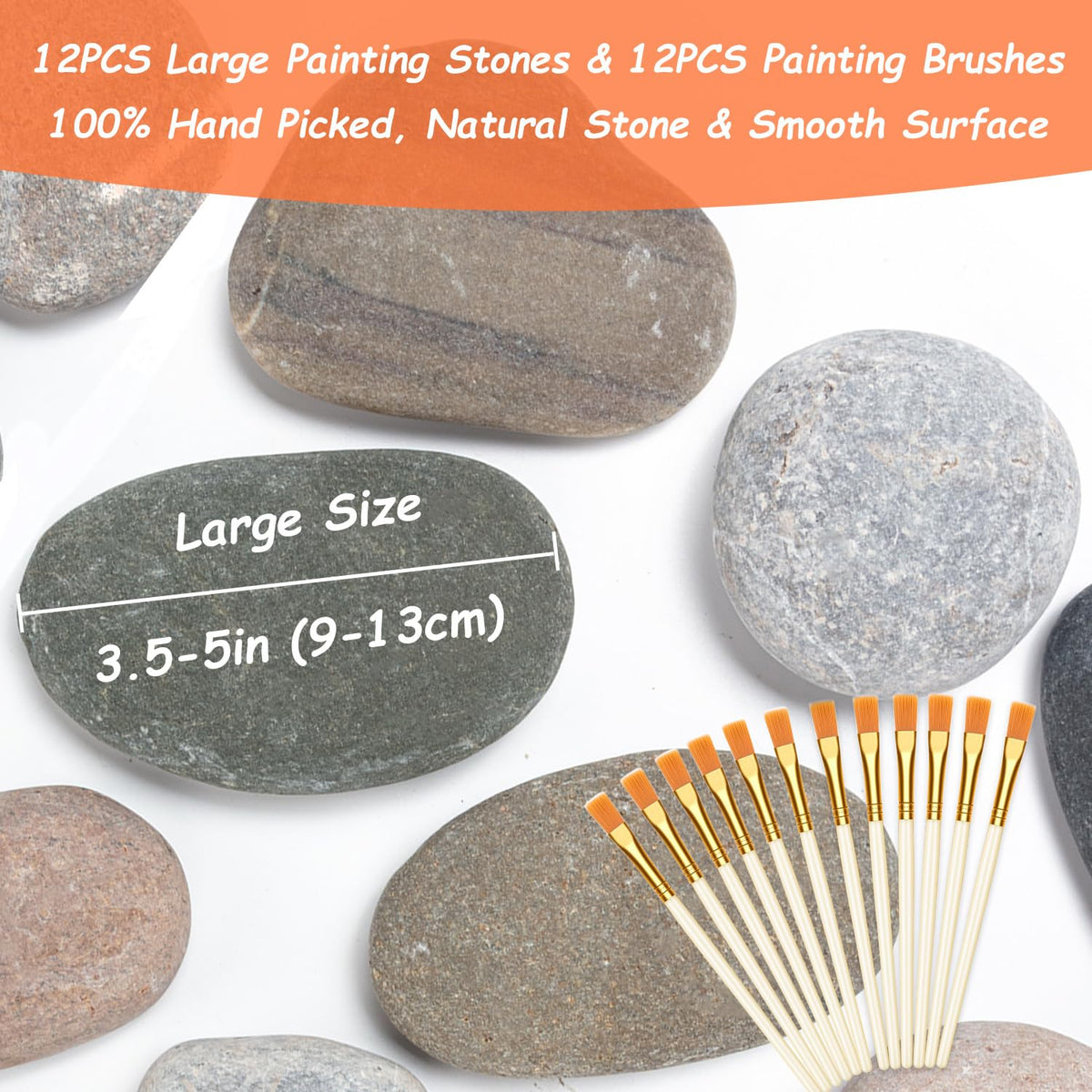 12PCS Large Rocks for Painting, River Rock Painting Stones Smooth Flat Rocks with 12PCS Paint Brushes for Paintings, Natural Rock to Paint for Arts DIY Crafts (3.5-4.8inch)