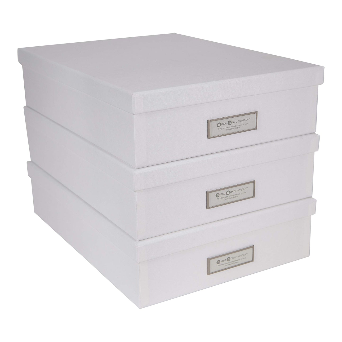 Bigso Oskar Fiberboard Label Frame Document Letter Box - File Organizer Box for Important Paperwork - Durable Document Storage with a Lid & Metal Label Window - 3.3 in x 10.2 in x 13.8 in - White