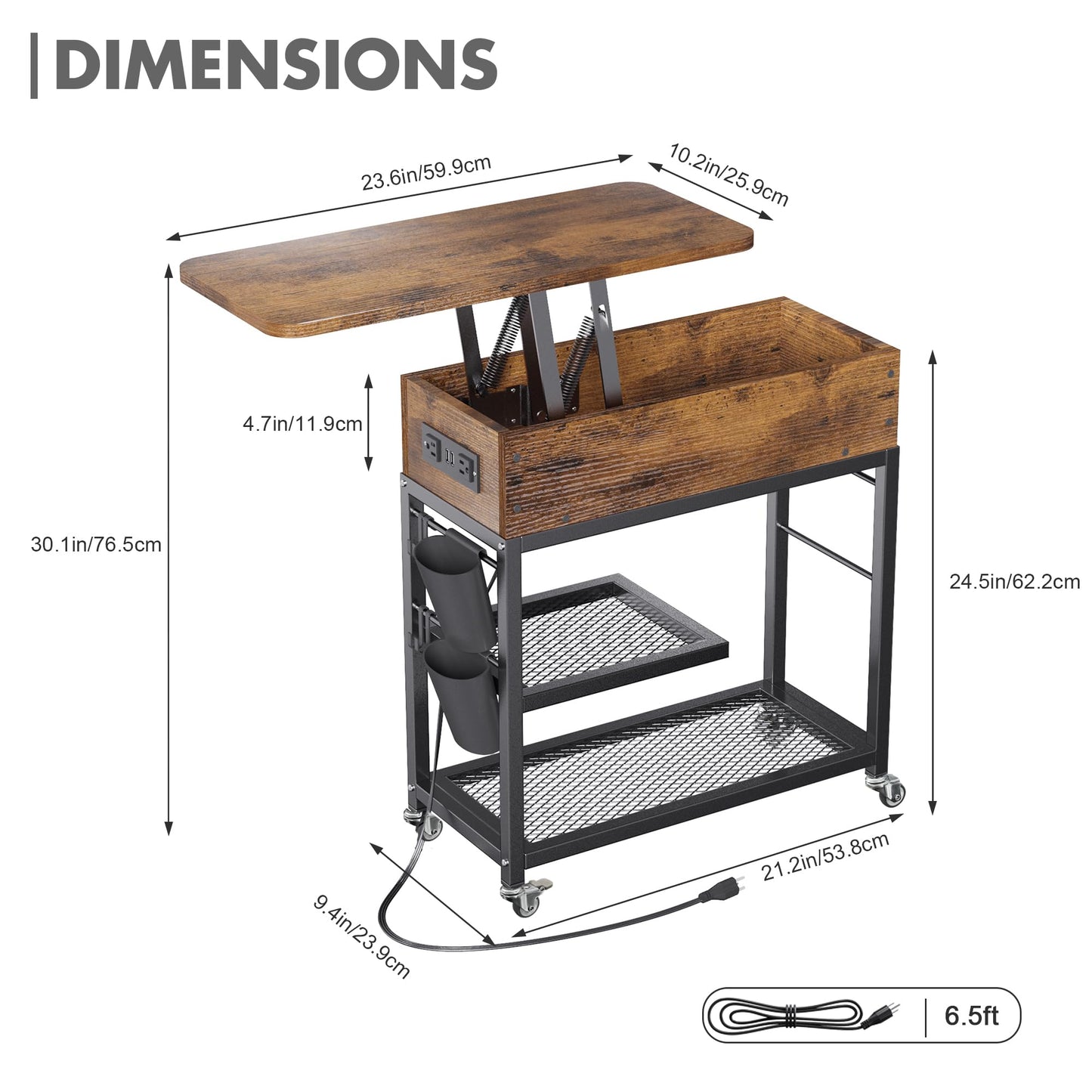 Colima Lift Top End Table with Charging Station and Wheels, Sofa Side Table with USB Port & AC Outlets, Movable Bedside Nightstand with Side Bag for Office Living Room Bedroom(Rustic Wood)