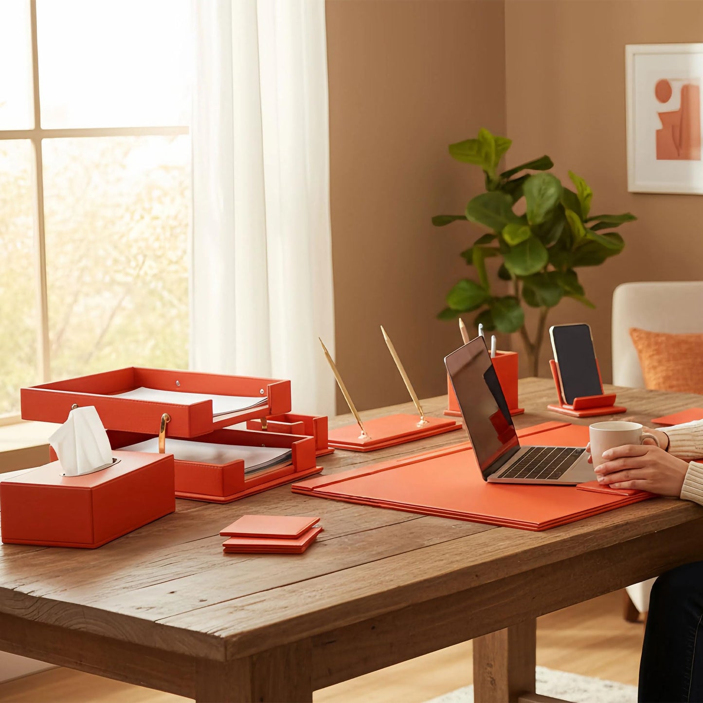 RitPin Luxury Executive Leather Desk Organizer Set –15-Piece Office Desk Accessories with Desk Pad, Letter Tray, Phone Stand, Pen Holder & Coasters – Professional Office Desk Decor & Gift (Orange)