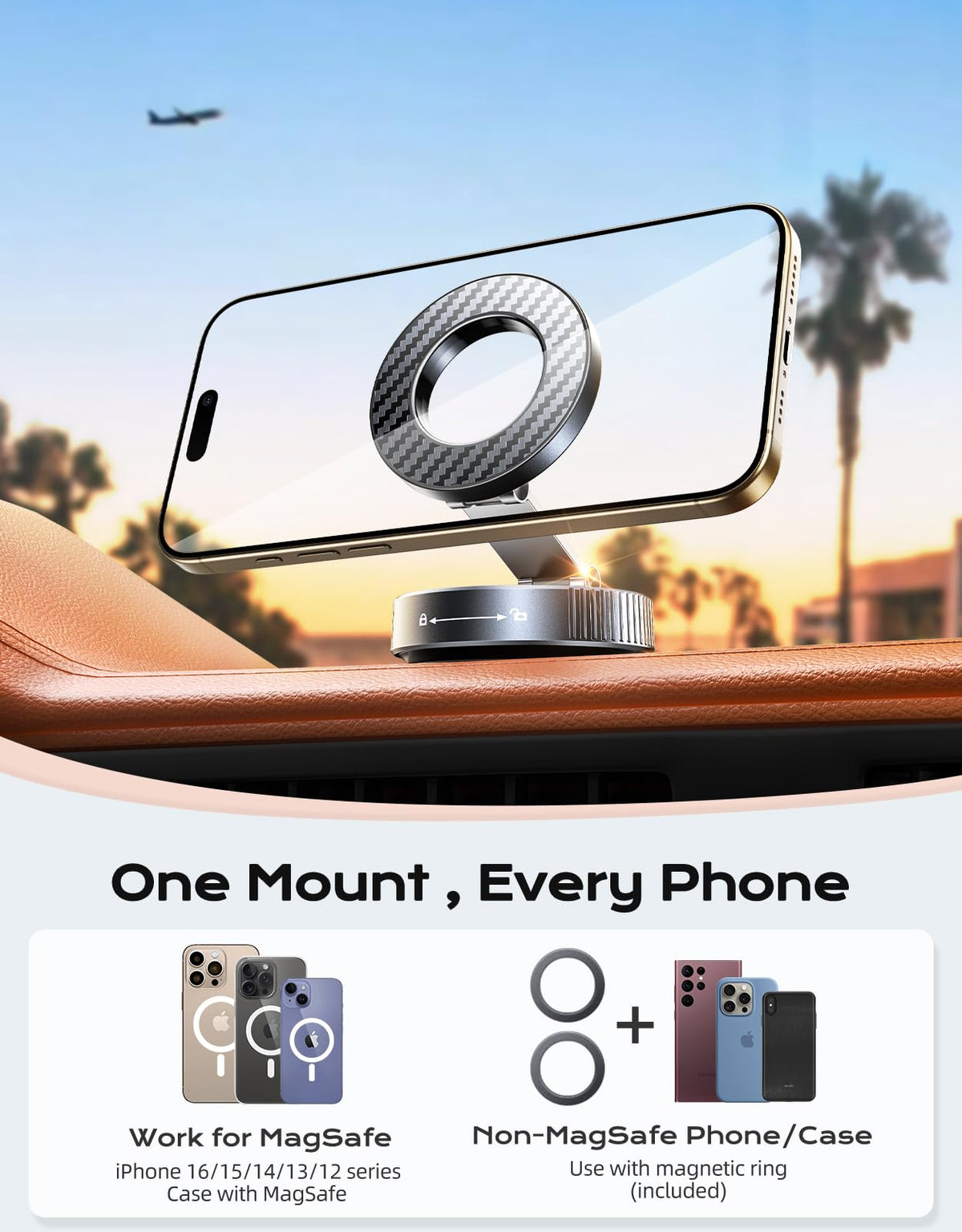 Viccux 2026 Upgraded Vacuum Magnetic Phone Holder for Car [89LB Vacuum Suction+2400GF Strong Magnetic] 360° Adjustable Car Phone Holder for MagSafe, Dashboard Suction Cup Phone Mount for iPhone 17/16
