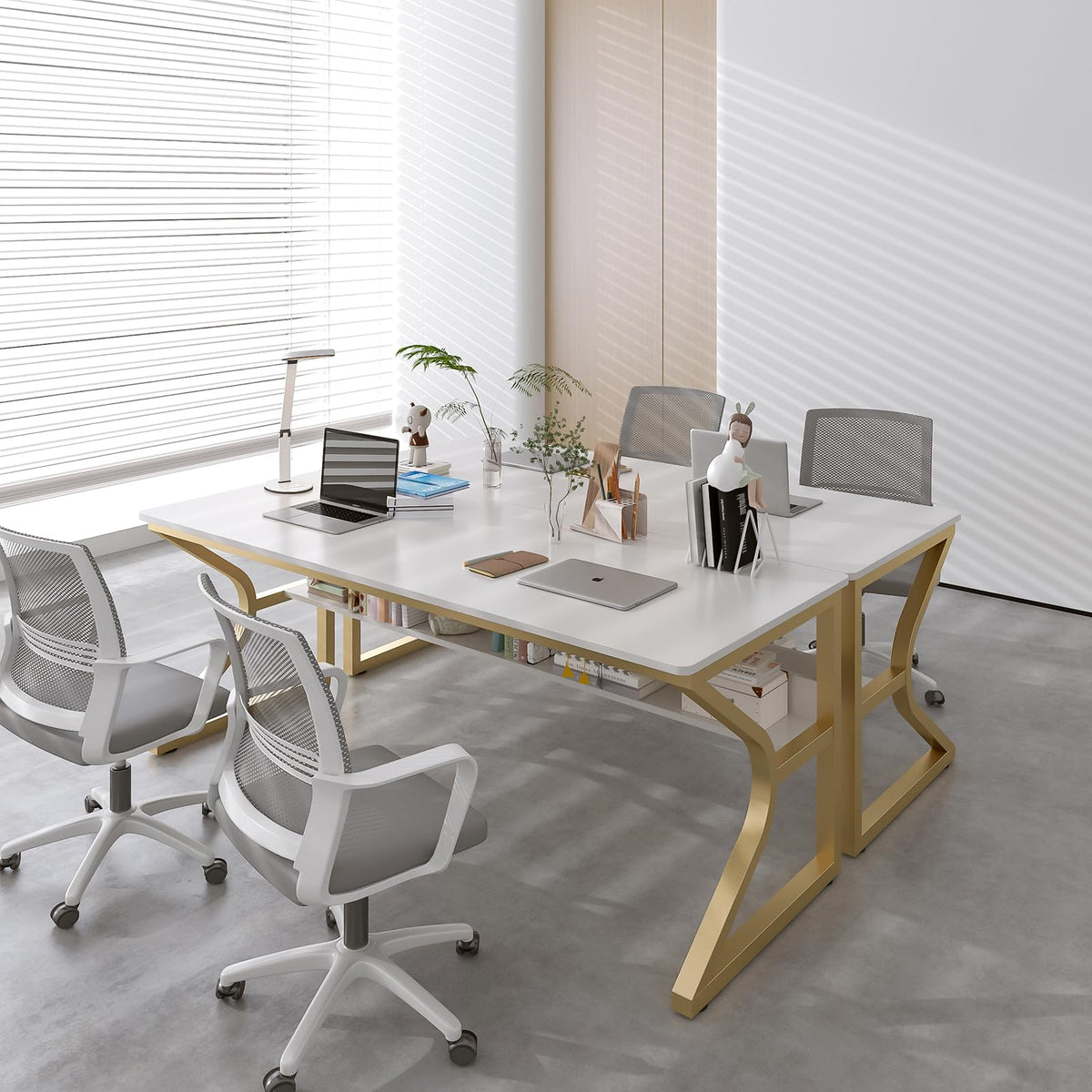 OSCHF Extra Long Desk with Bookshelf - 63" Double Long Writing Table for 2-Person Workstation, Modern Study Work Computer Desk for Home and Office, Gold