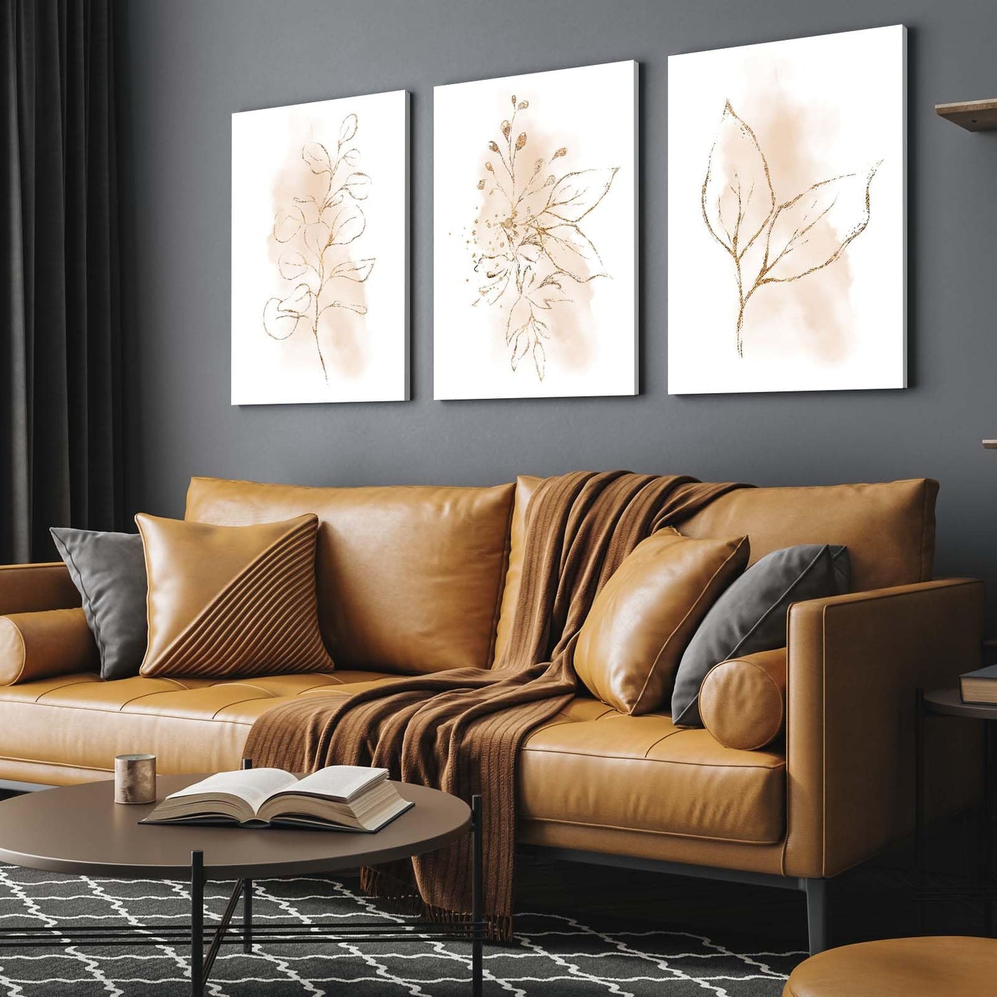 3 Piece Wall Art Framed Canvas Wall Art Neutral Botanical Line Drawing Pictures Wall Decor Beige Minimalist Leaf Artwork for Living Room Bedroom Bathroom Office – Ready to Hang with Hooks and Nails, 12x16 Inch