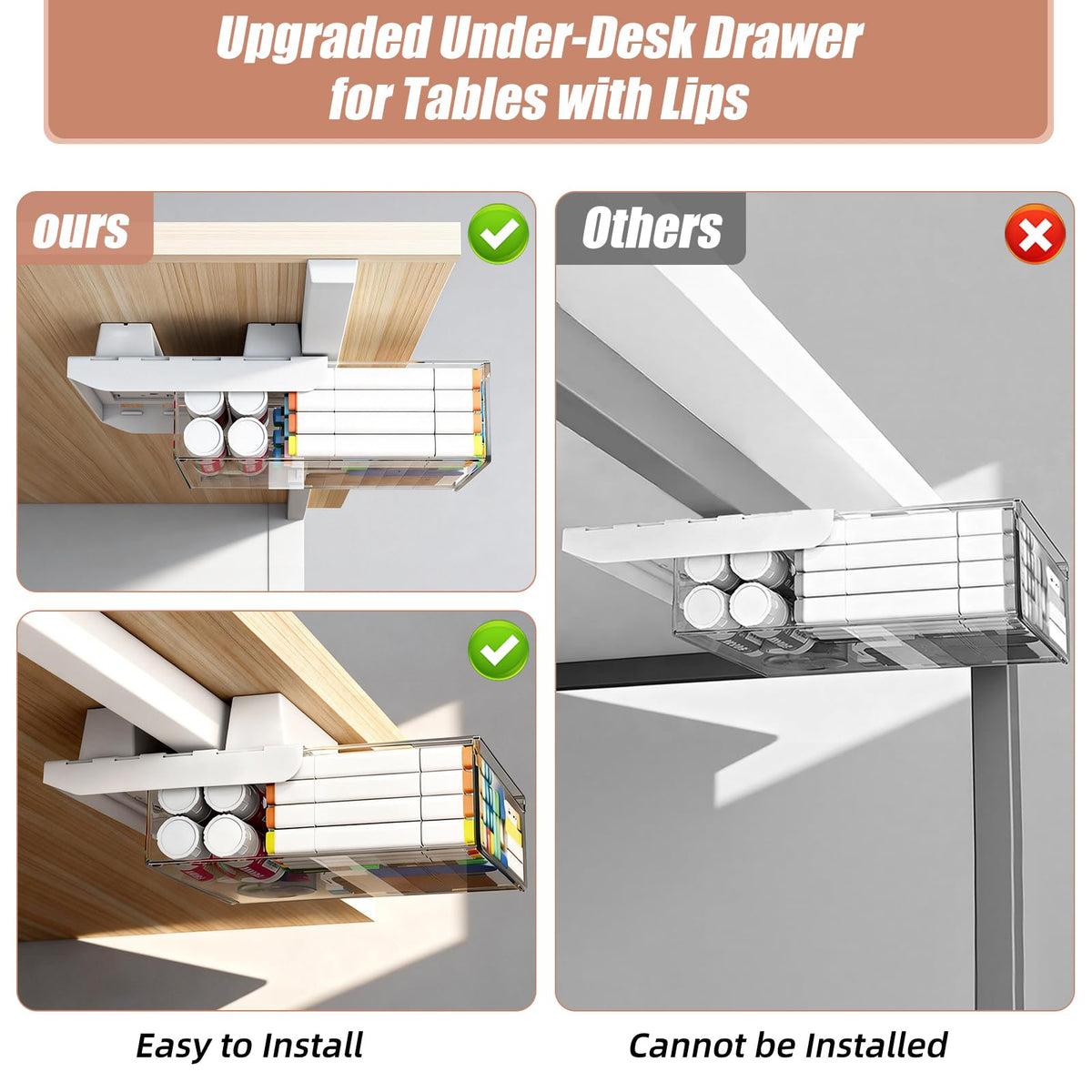 TooCust 3-Pack Under Desk Drawer for Desk with Frame & Beam, Fits Where Standard Drawers Can't, 52mm Heightened Slide Out Organizer, Dual Adhesive or Screw Mount, Clear PET Under Table Storage