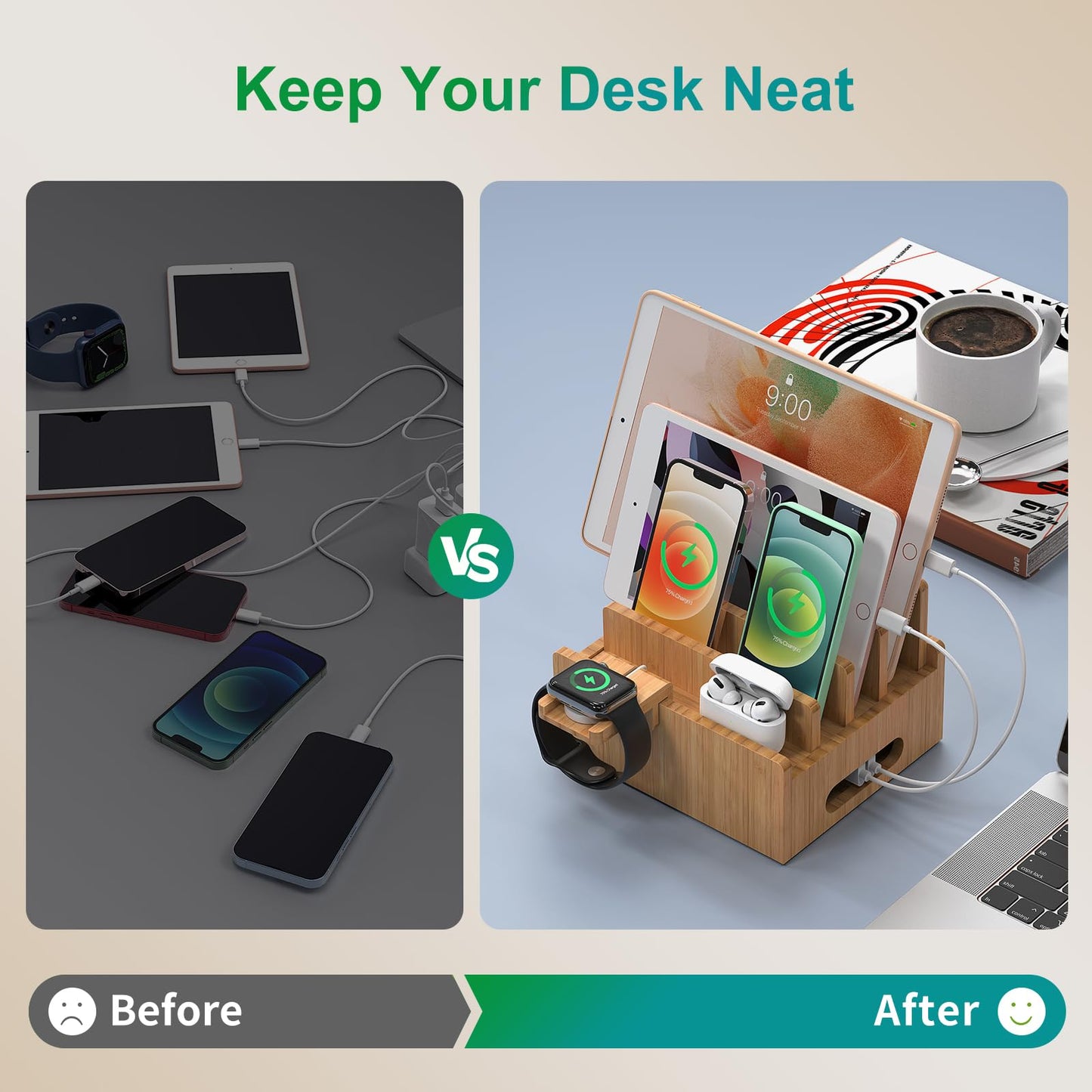 Pezin & Hulin Cell Phone Charging Stations, Bamboo Dock Organizer for Multi Devices, Tablets, Smart Watch, with Pack 5 Cables, No Power Charger Supply