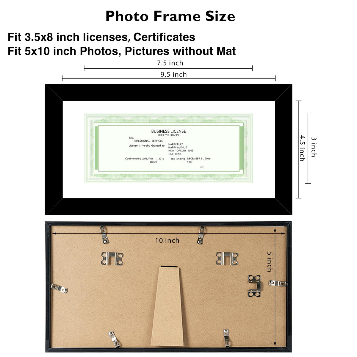 JCJMY 5x10 Business License Frame Black for 3.5x8 Standard Business License with Mat or 5 x 10 Picture without Mat, 5x10 Frame with Shatter Resistant Plexiglass for Wall Hanging or Tabletop, Black