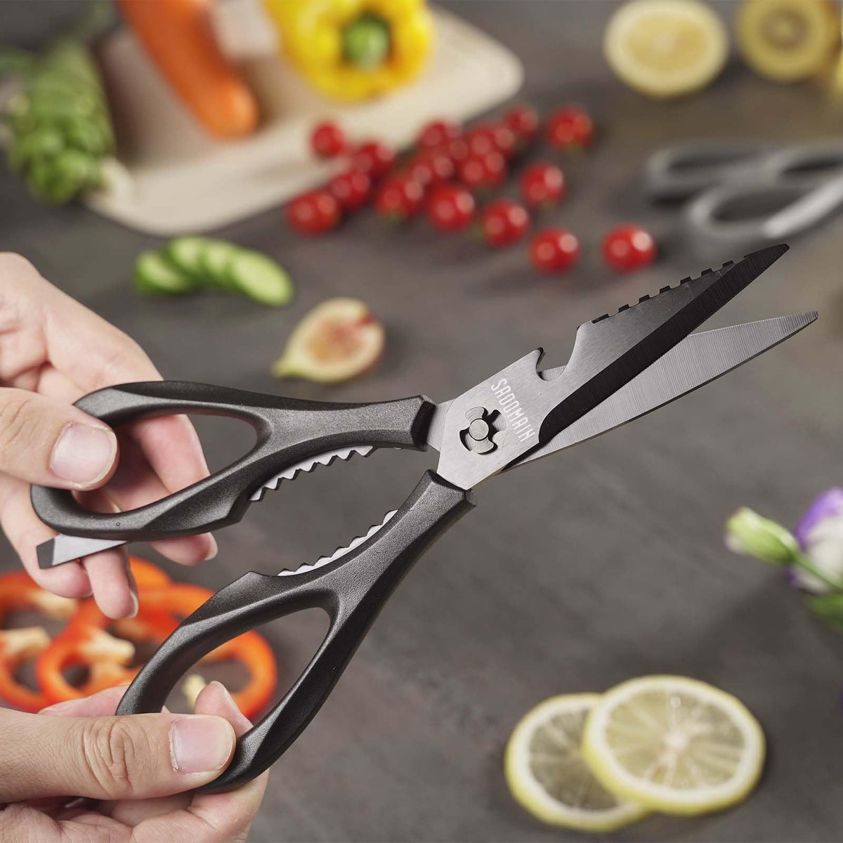 SADOMAIN Kitchen Scissors All Purpose, Extra Sharp Kitchen Shears with Knife Sharpener & Sheath, Solid & Durable Stainless Steel Scissors with ANTI-RUST Black Titanium Plated, Dishwasher Safe - Black