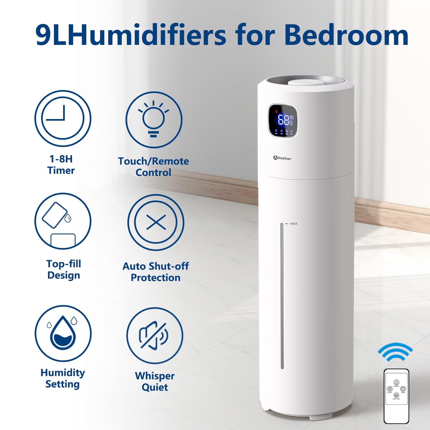 Akeshan Large Humidifiers for Bedroom, 9L/2.5Gal Ultrasonic Cool Mist, Top Fill Easy Clean with 350ML/H Mist Speed, Quiet, Suitable for Kids Room Plant Yoga Office Study Room Living (White, Round)