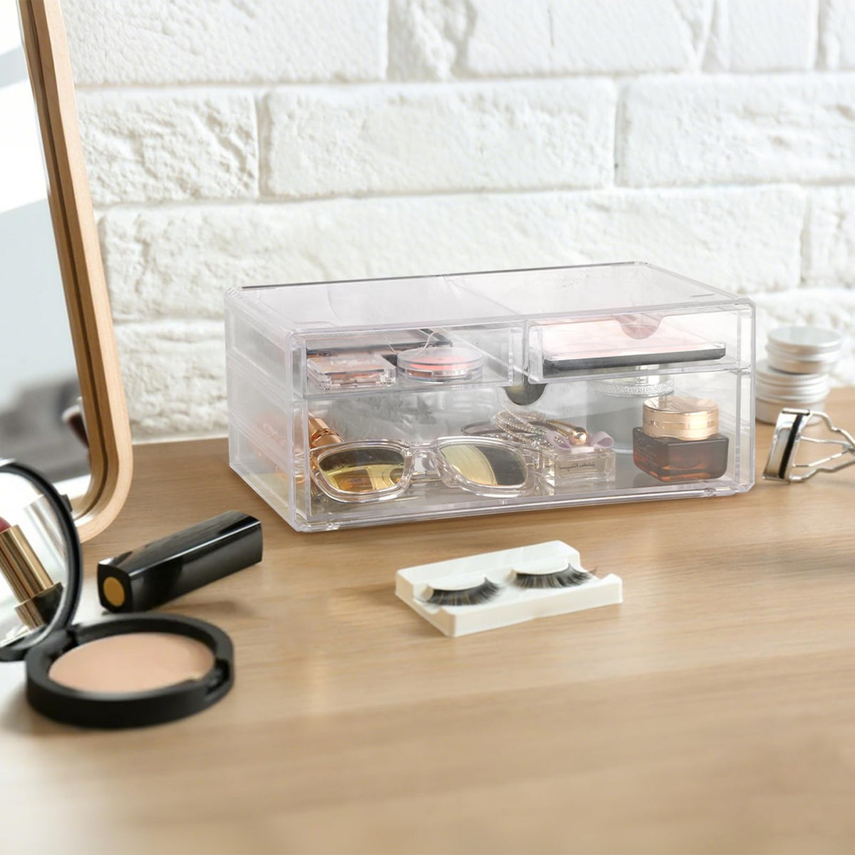 BTSKY Clear Acrylic Drawer Organizer, Stackable Container with 2 Narrow + 1 Large Drawers, Desk Organizer for Stationery Study Essentials Makeup Jewelry, Multipurpose Storage Box for Office and Home