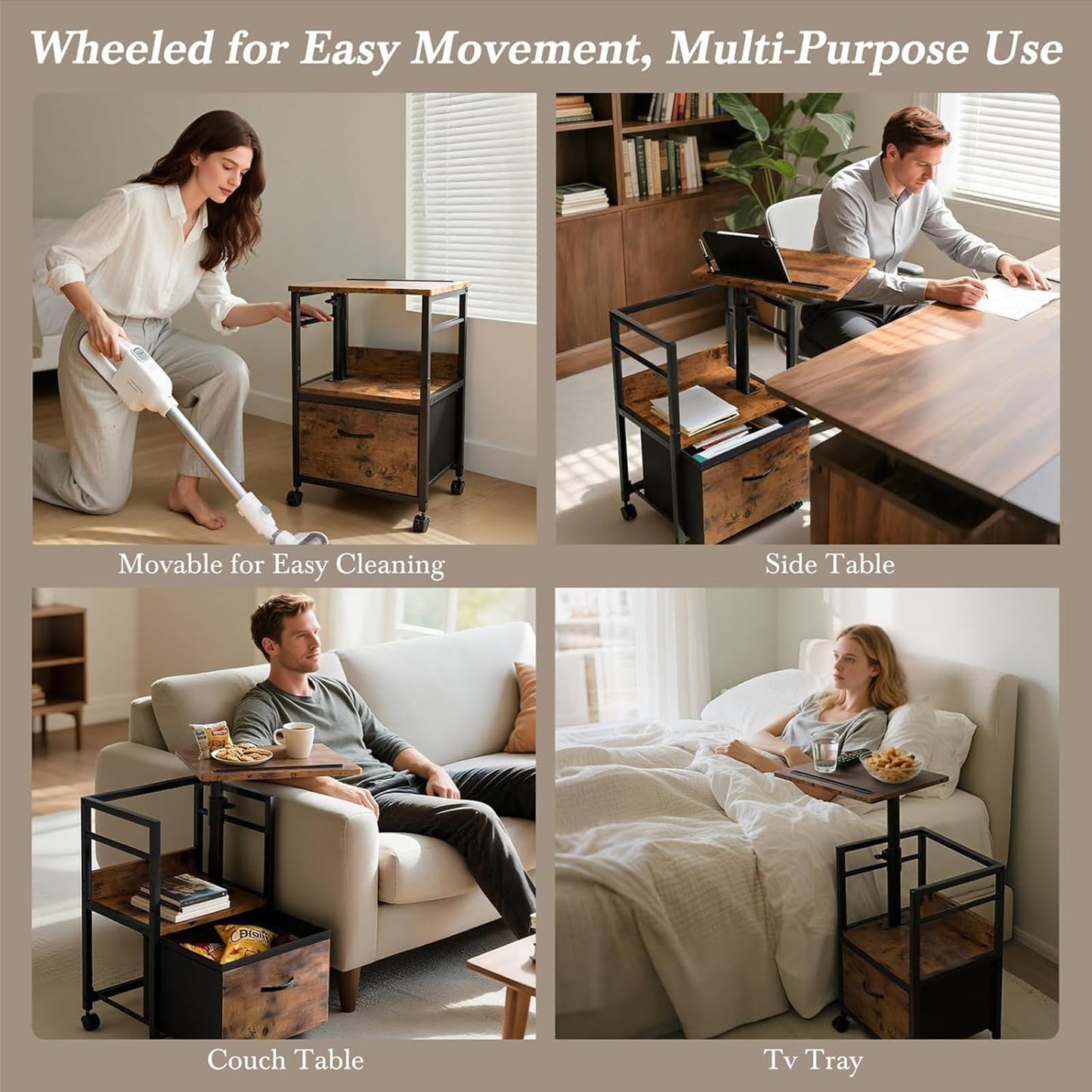 Faesun Swivel Lift Top Nightstand, Rolling Side Table for Recliner, Bedside Table with Wheels & a Fabric Drawer, for Small Spaces, for Bedroom, Living Room, Brown